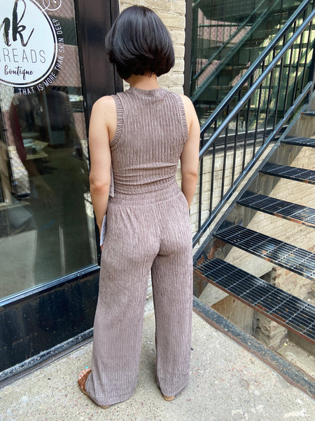 Gianni Taupe Crinkle Textured Loungewear Set
