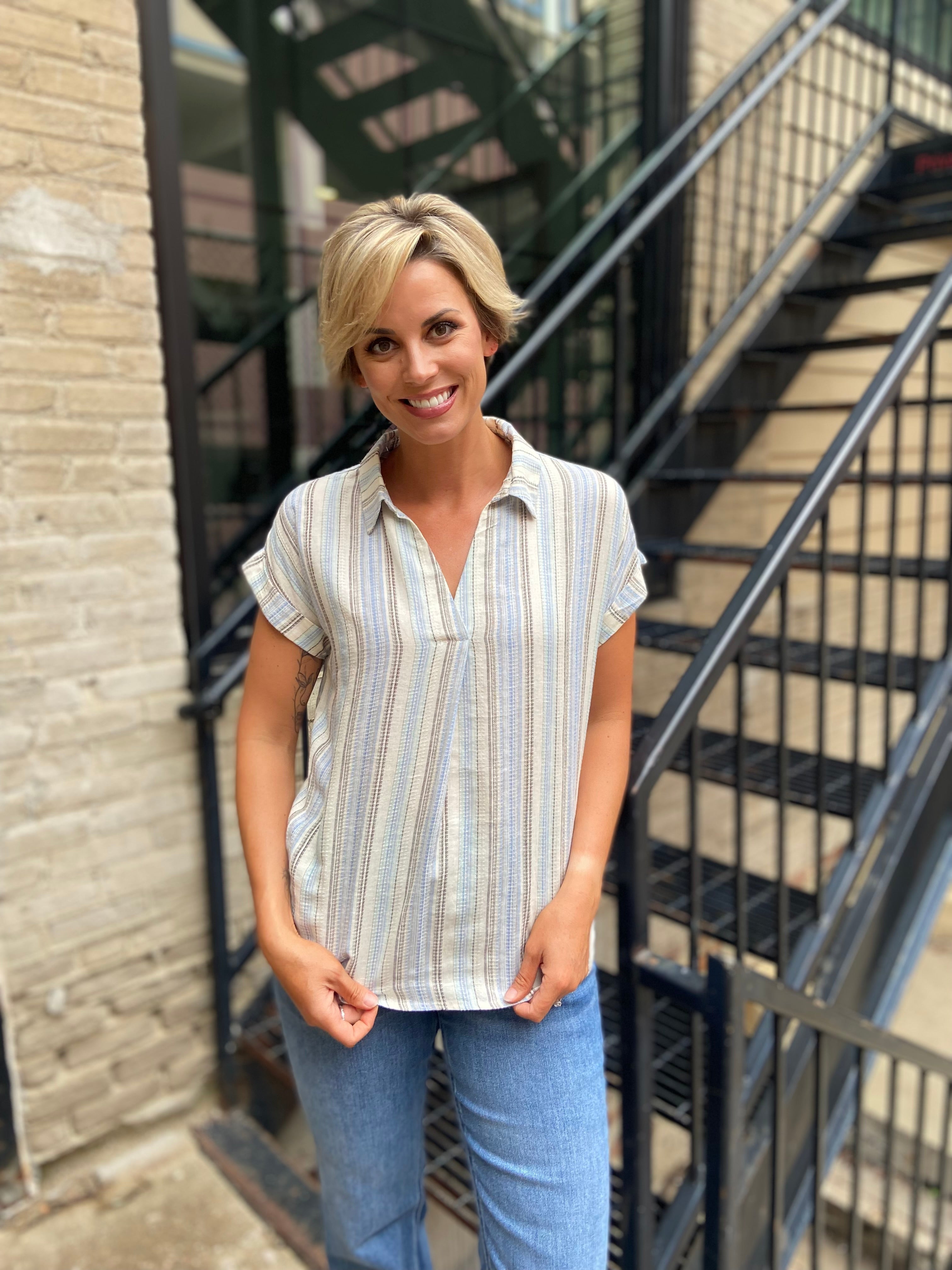 Rico Blue Stripe V-Neck Top