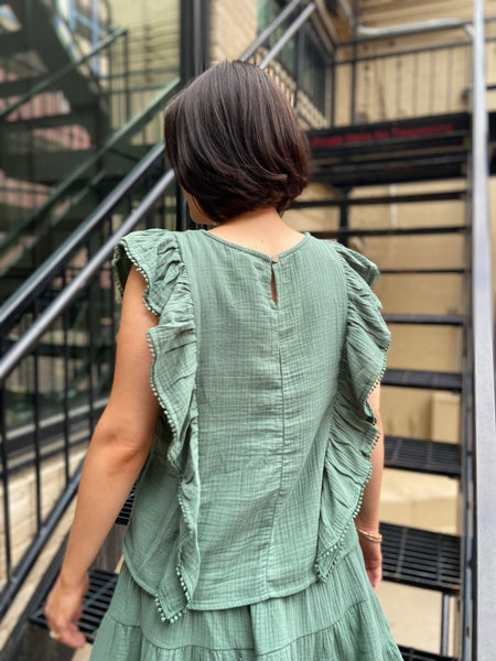 Alianne Moss Green Gauze Ruffle Top