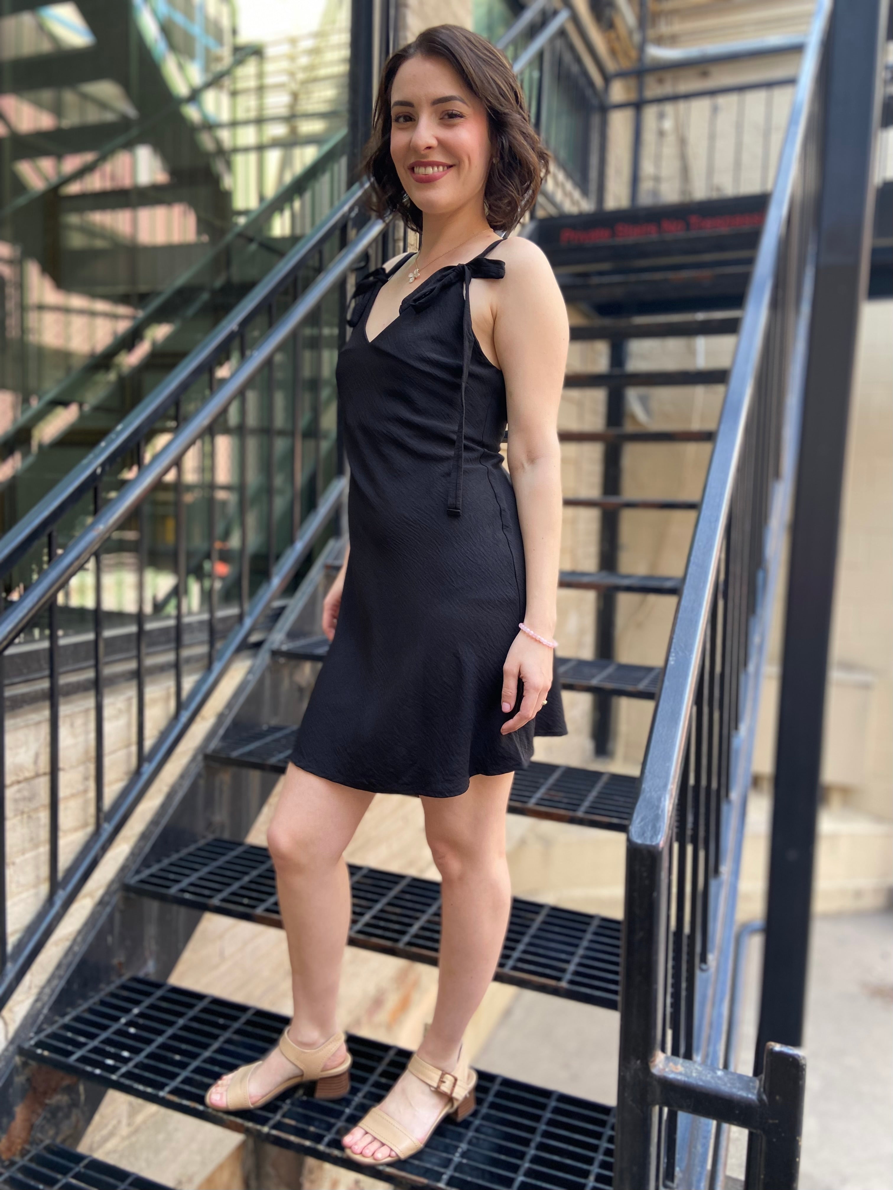 Jodie Black Shoulder Tie Mini Dress