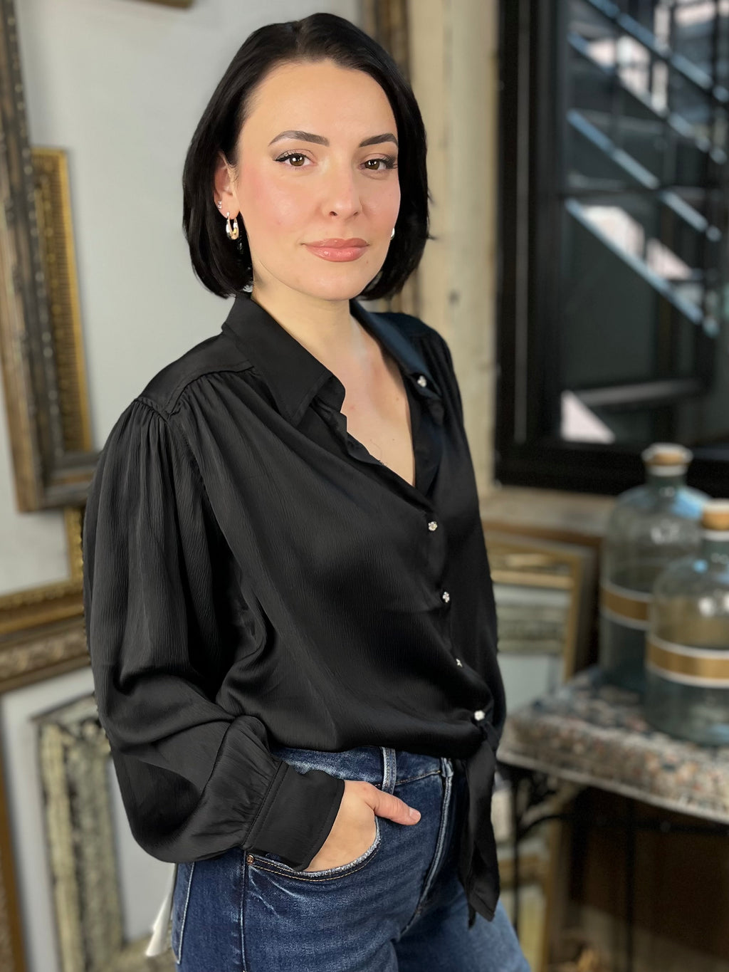 Billie Black Button Detail Long Sleeve  Button Up