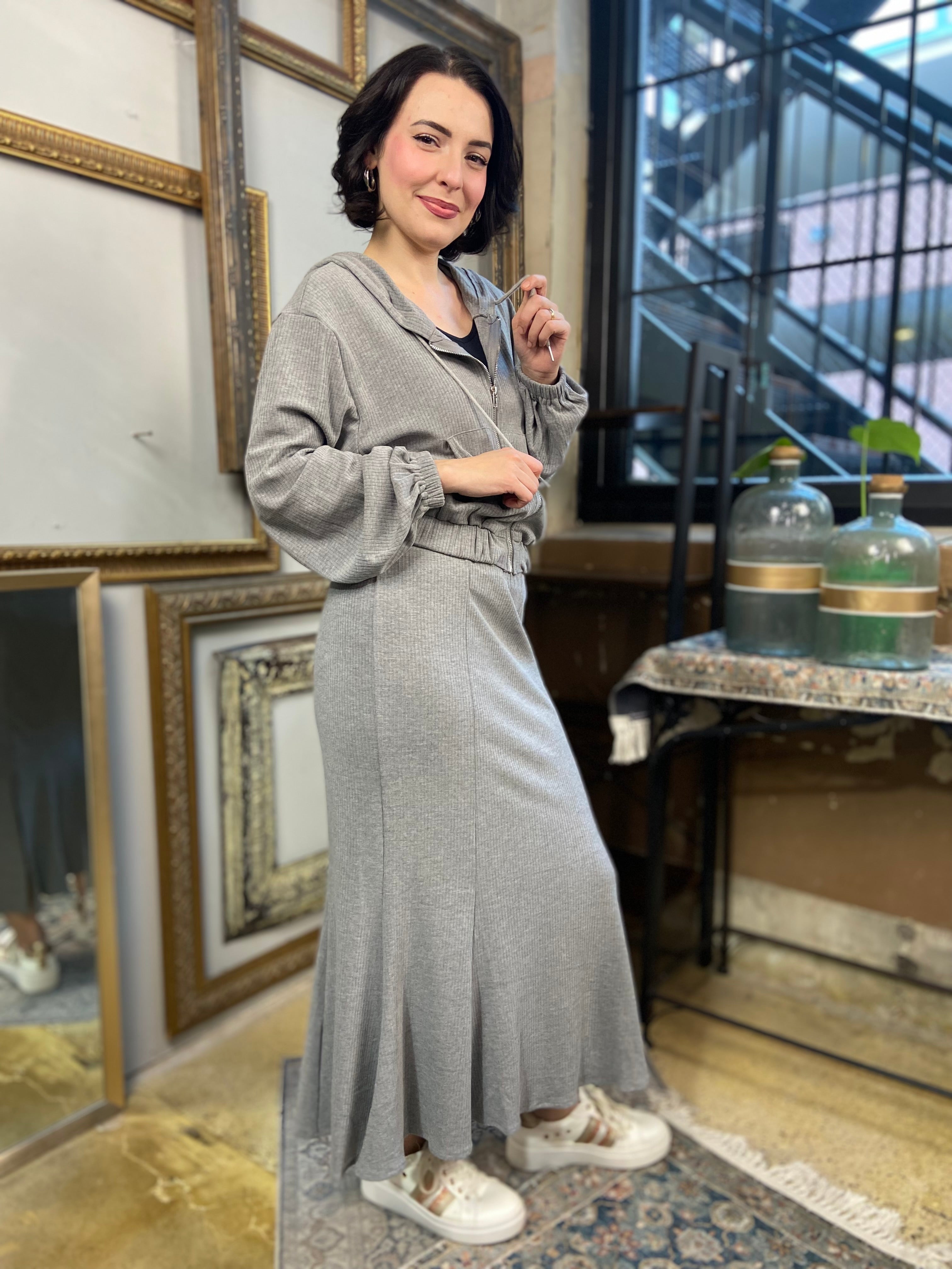 Olivia Gray Ribbed Crop Zip Up & Midi Skirt Set - MK Threads Boutique