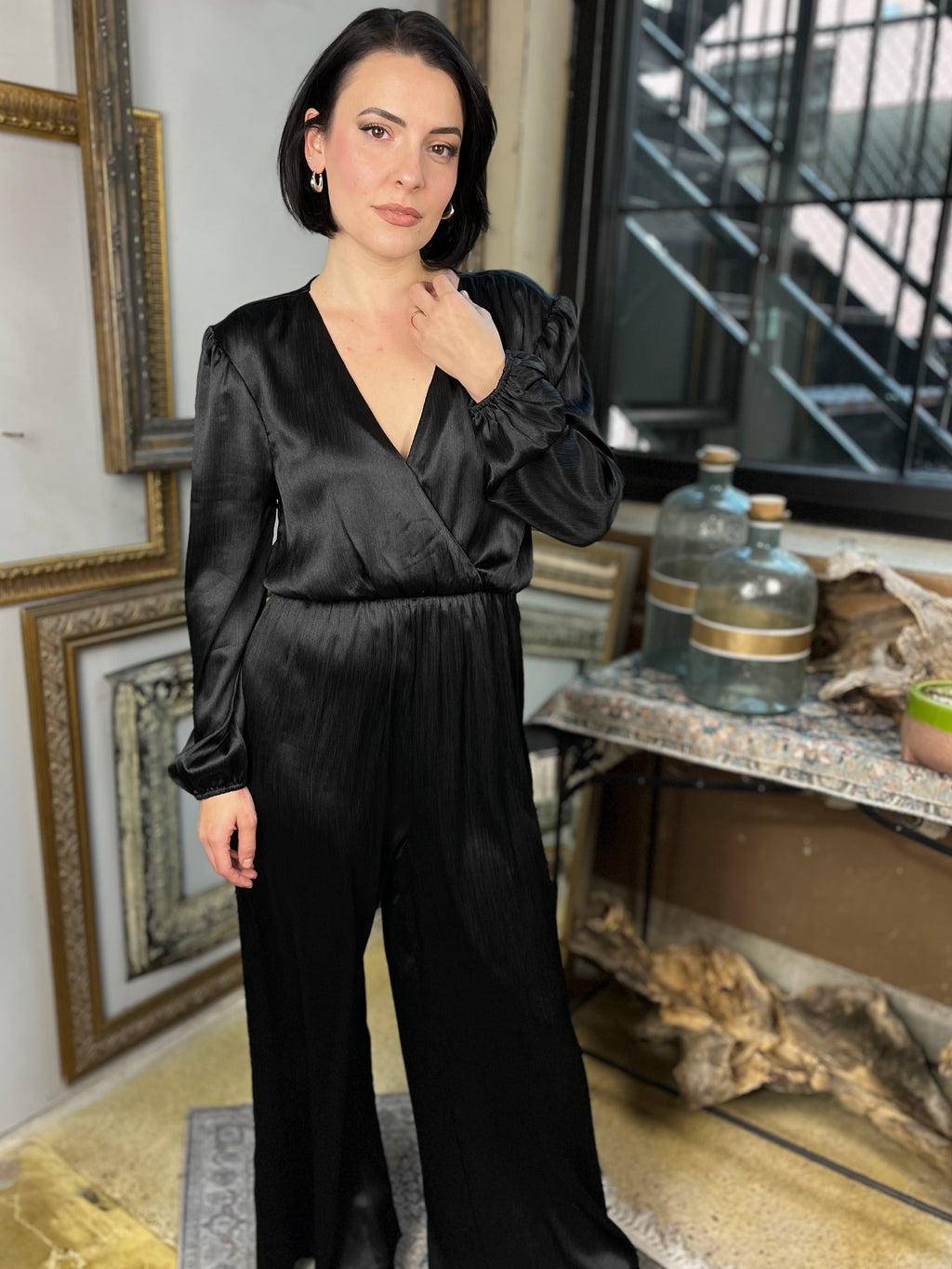 Drew Black V-Neck Satin Jumpsuit