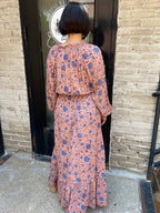 Florian Blue Clay Floral Print Neck Tie Maxi Dress