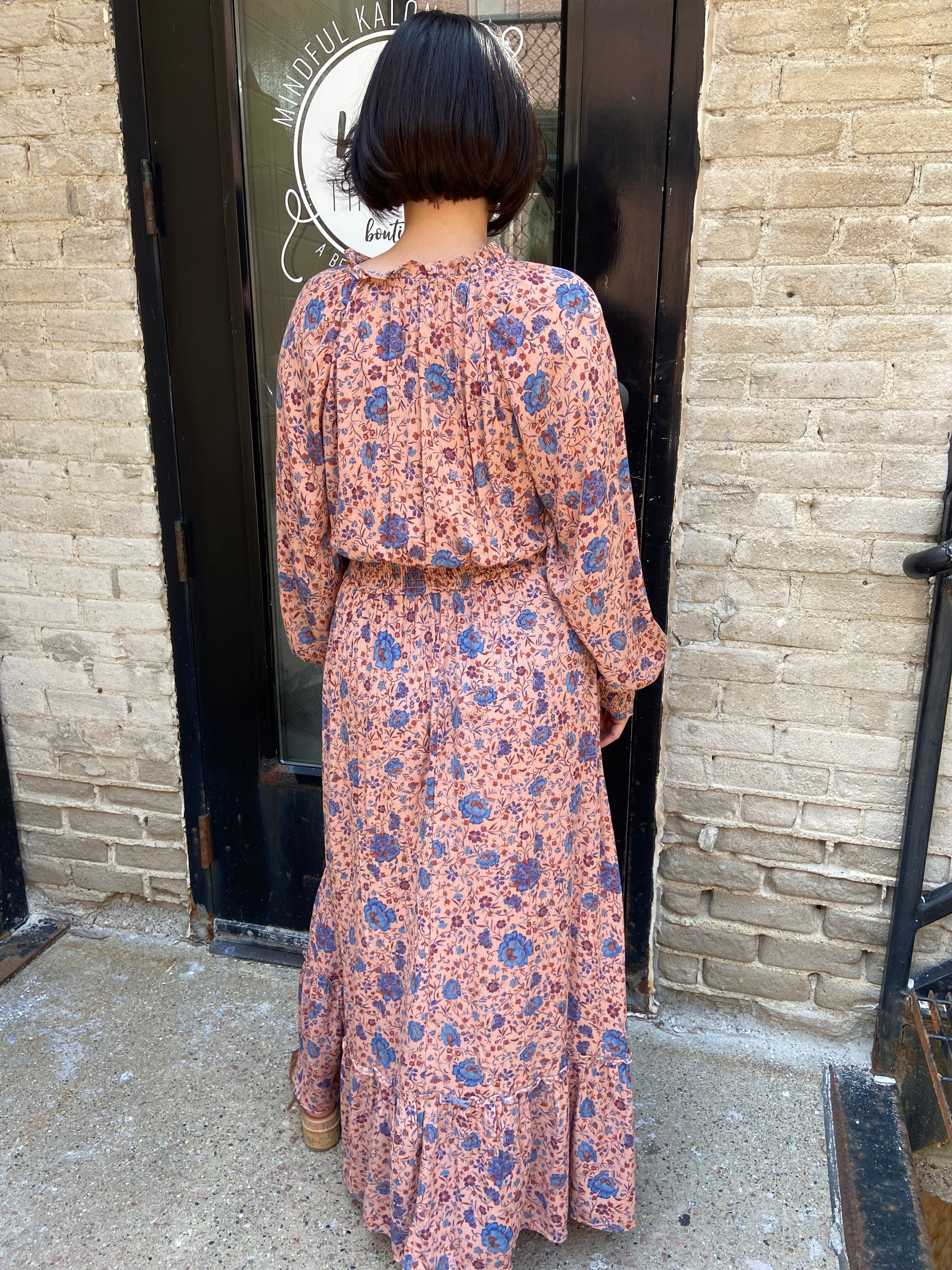 Florian Blue Clay Floral Print Neck Tie Maxi Dress