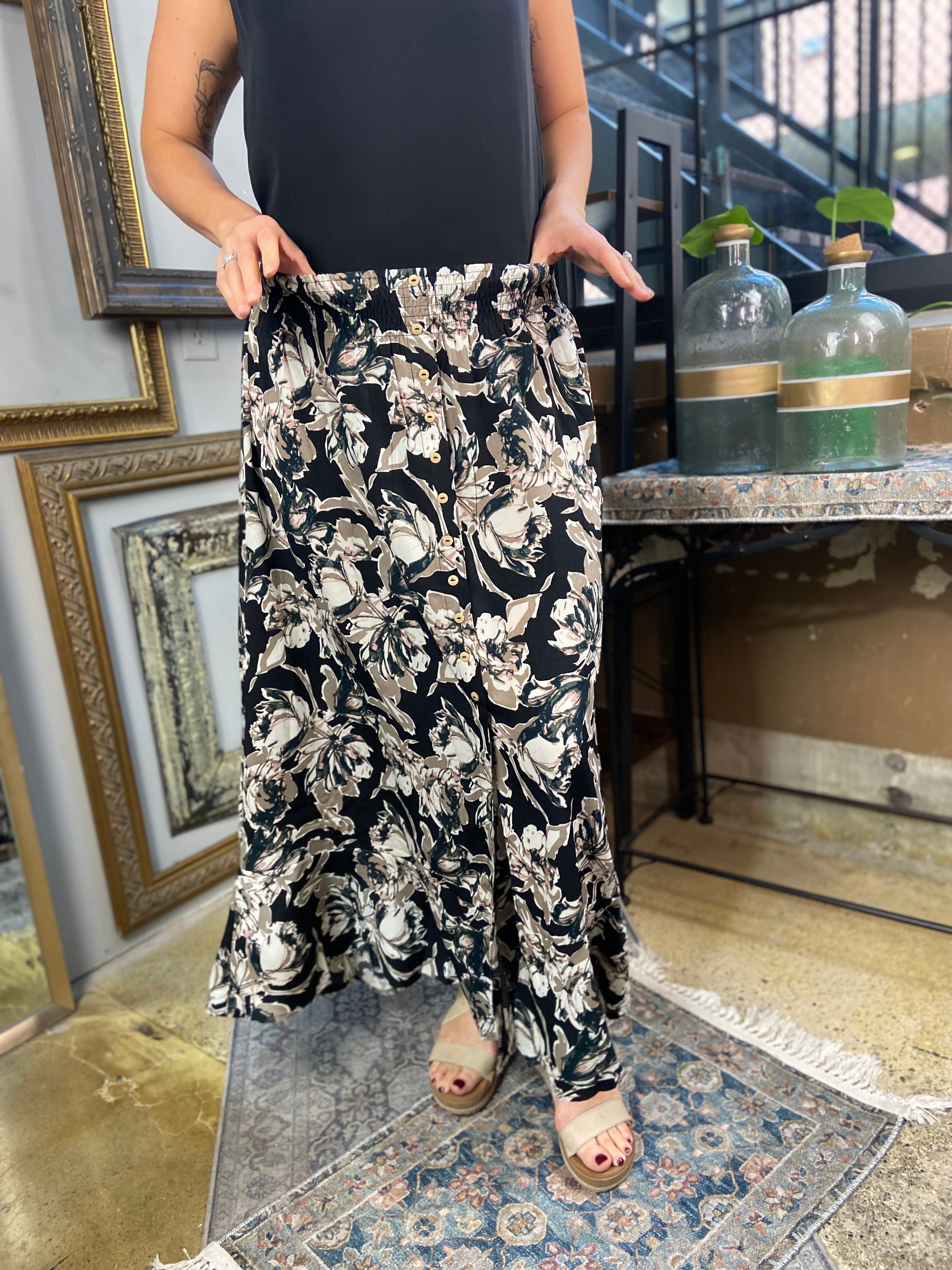 Mae Black Pattern Maxi Skirt