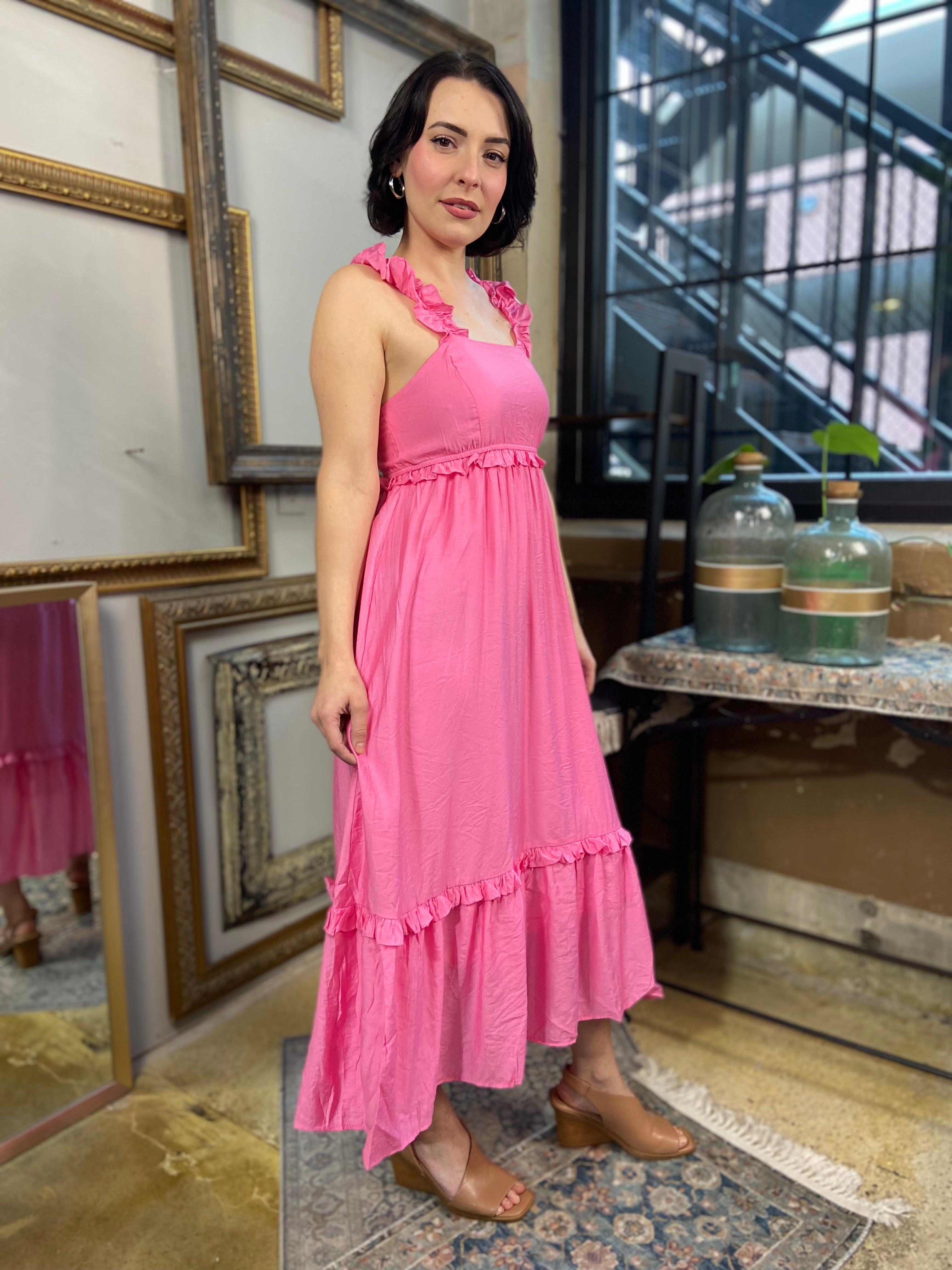 Mila Pink Sleeveless Ruffle Detail Midi Dress