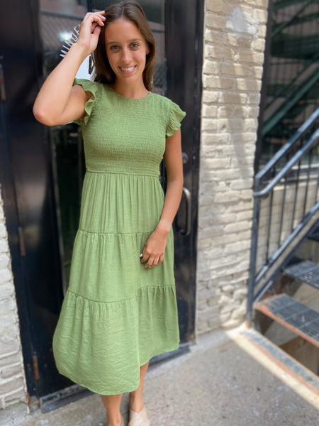 Stella Olive Green Smocked Tiered Midi Dress