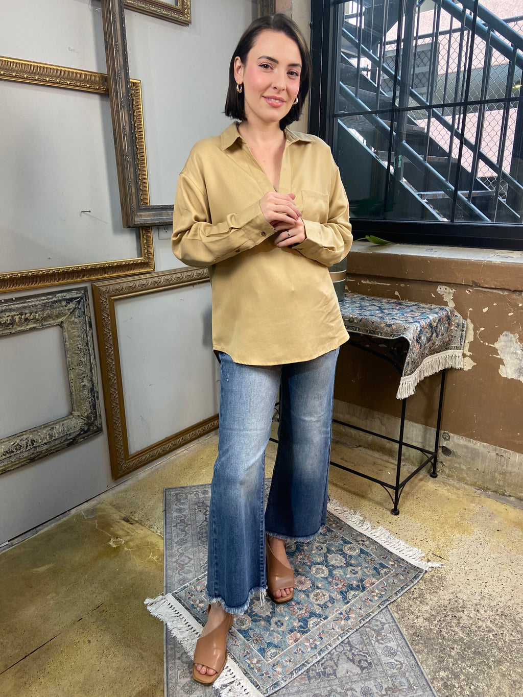 Quin Beige V Neck Long Sleeve Blouse - MK Threads Boutique