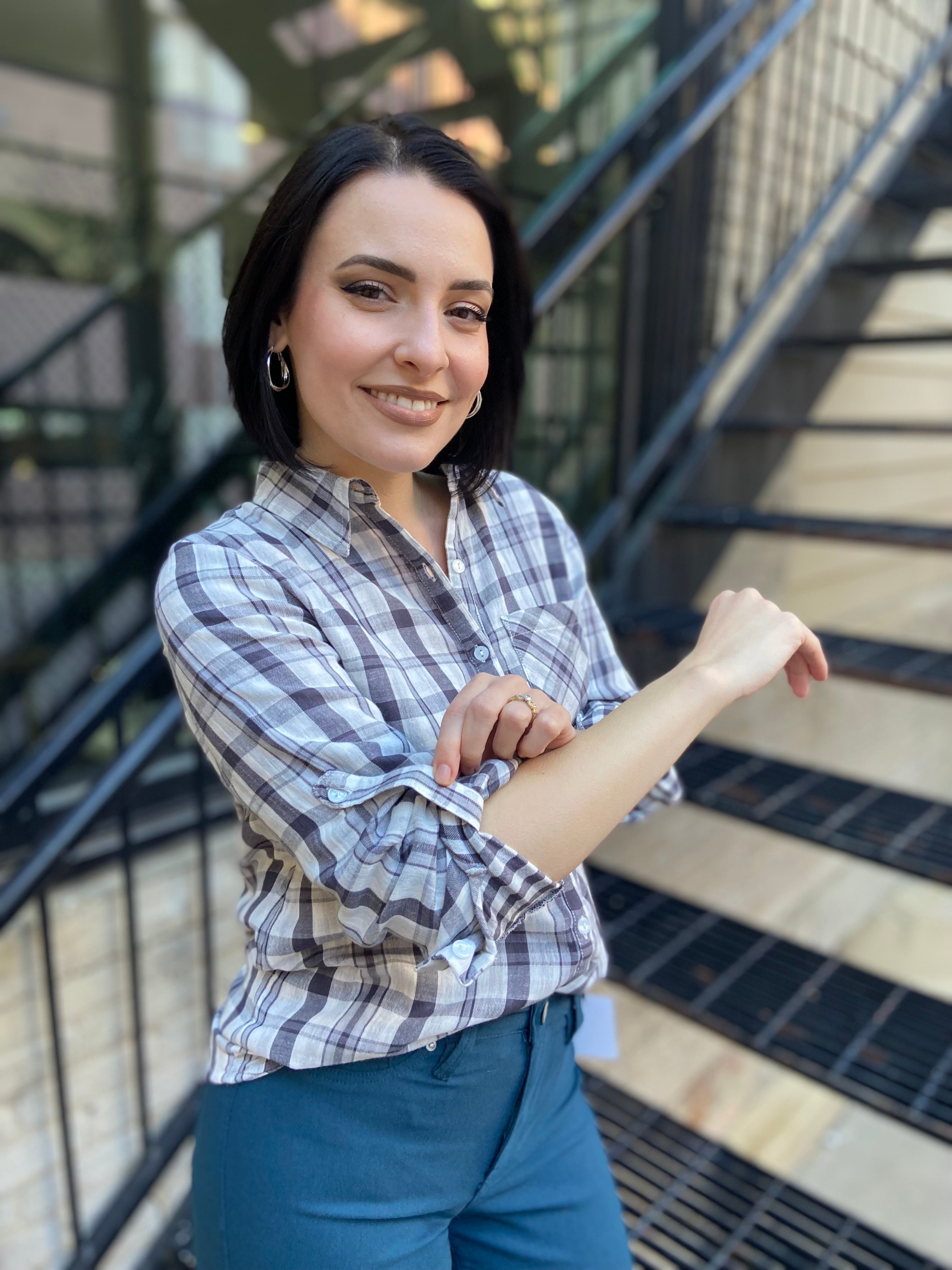 Erin Off White & Charcoal Pocket Flannel