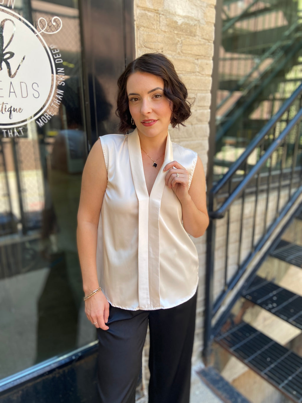 Abbey Champagne Satin Collard Sleeveless Blouse