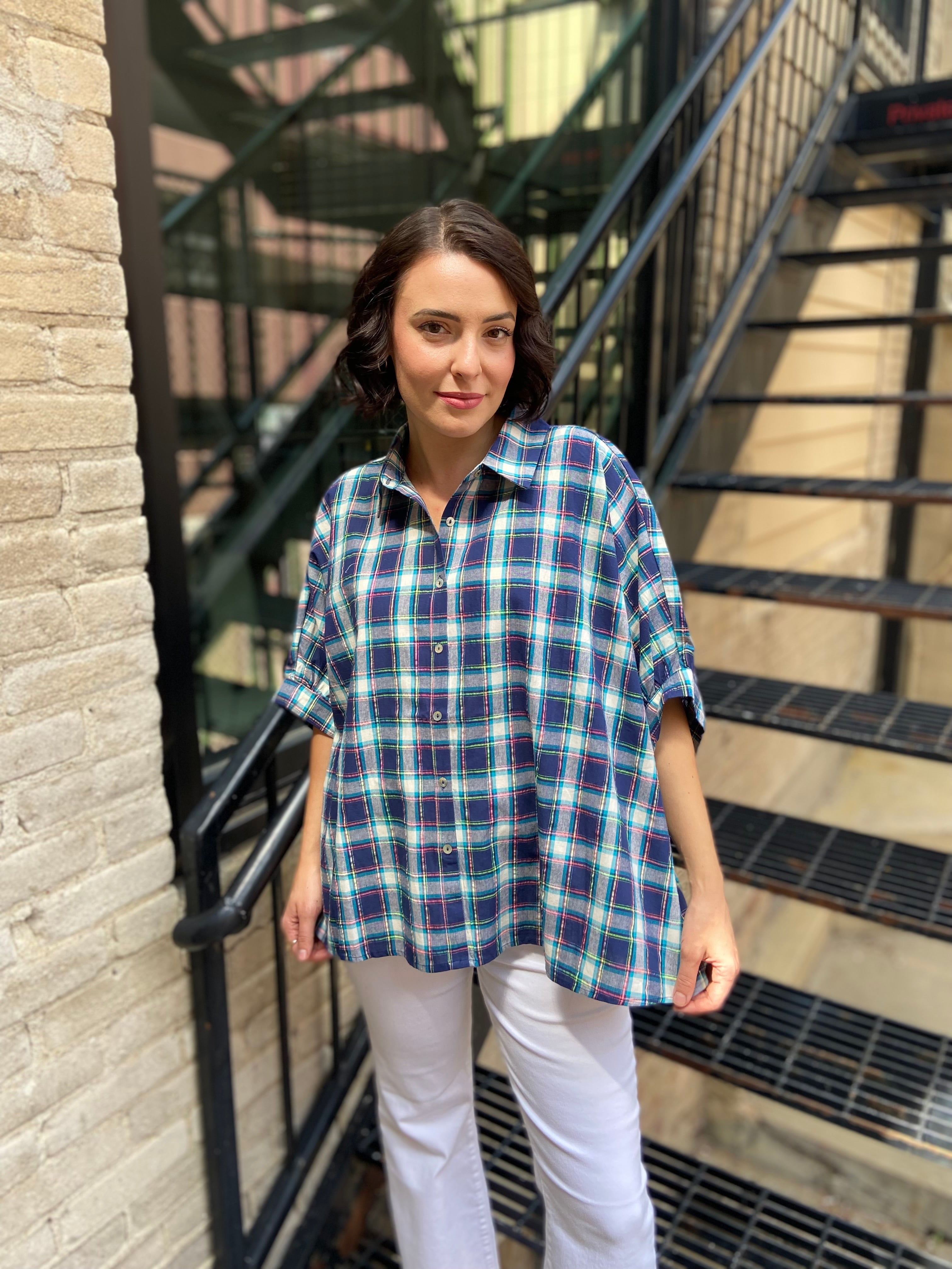 Nance Royal Blue Plaid Drop Shoulder Button Up
