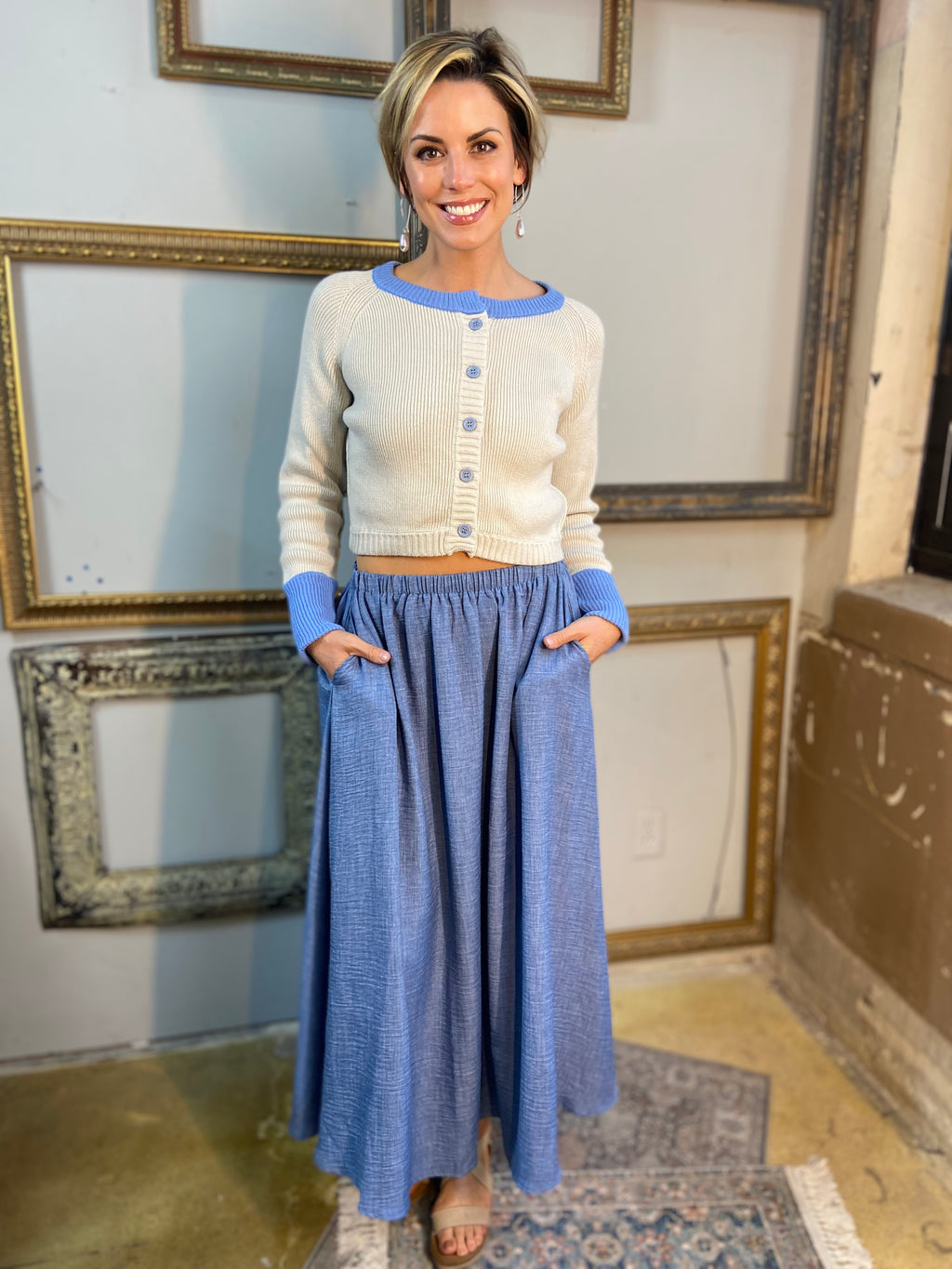 Sall Denim Blue High Waisted Elastic Midi Skirt - MK Threads Boutique