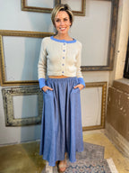 Sall Denim Blue High Waisted Elastic Midi Skirt - MK Threads Boutique