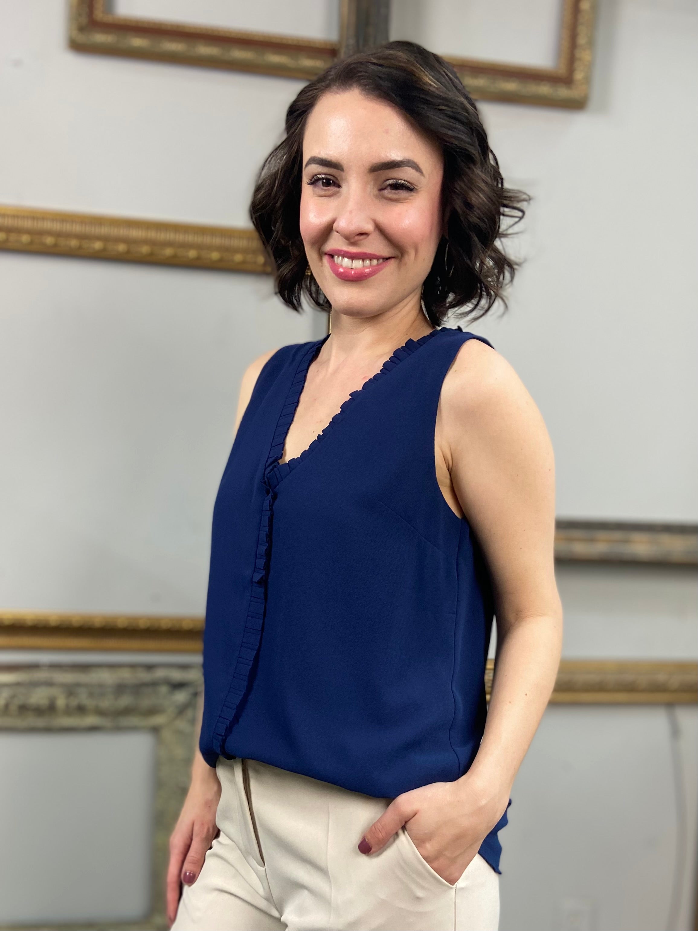 Larissa Navy Blue Pleated Ruffle V- Neck Top - MK Threads Boutique