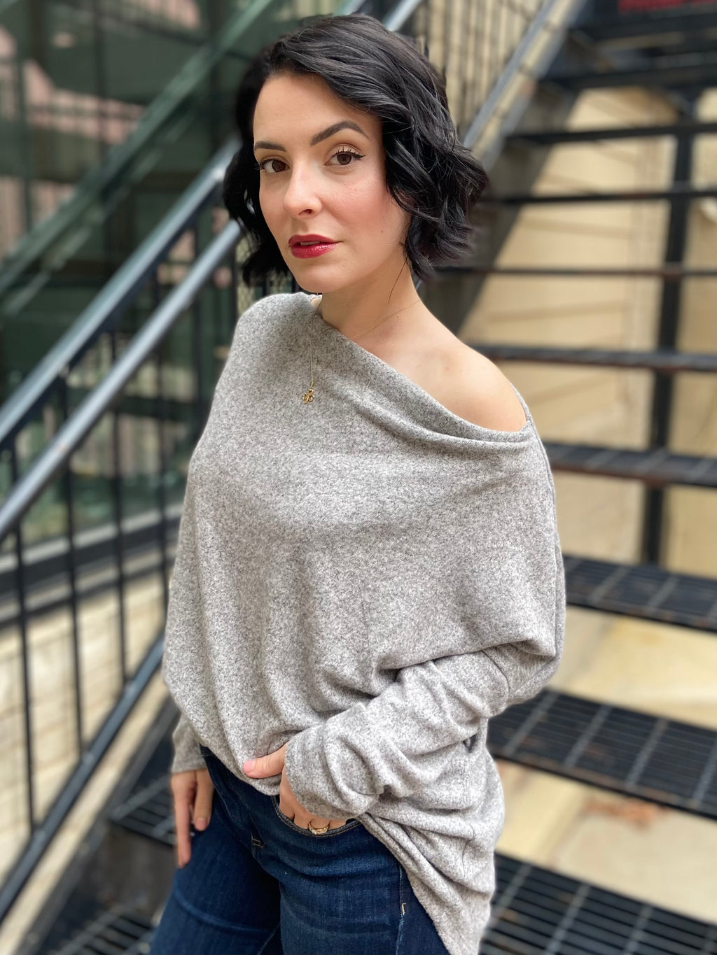 Skipper Oatmeal Off The Shoulder Sweater