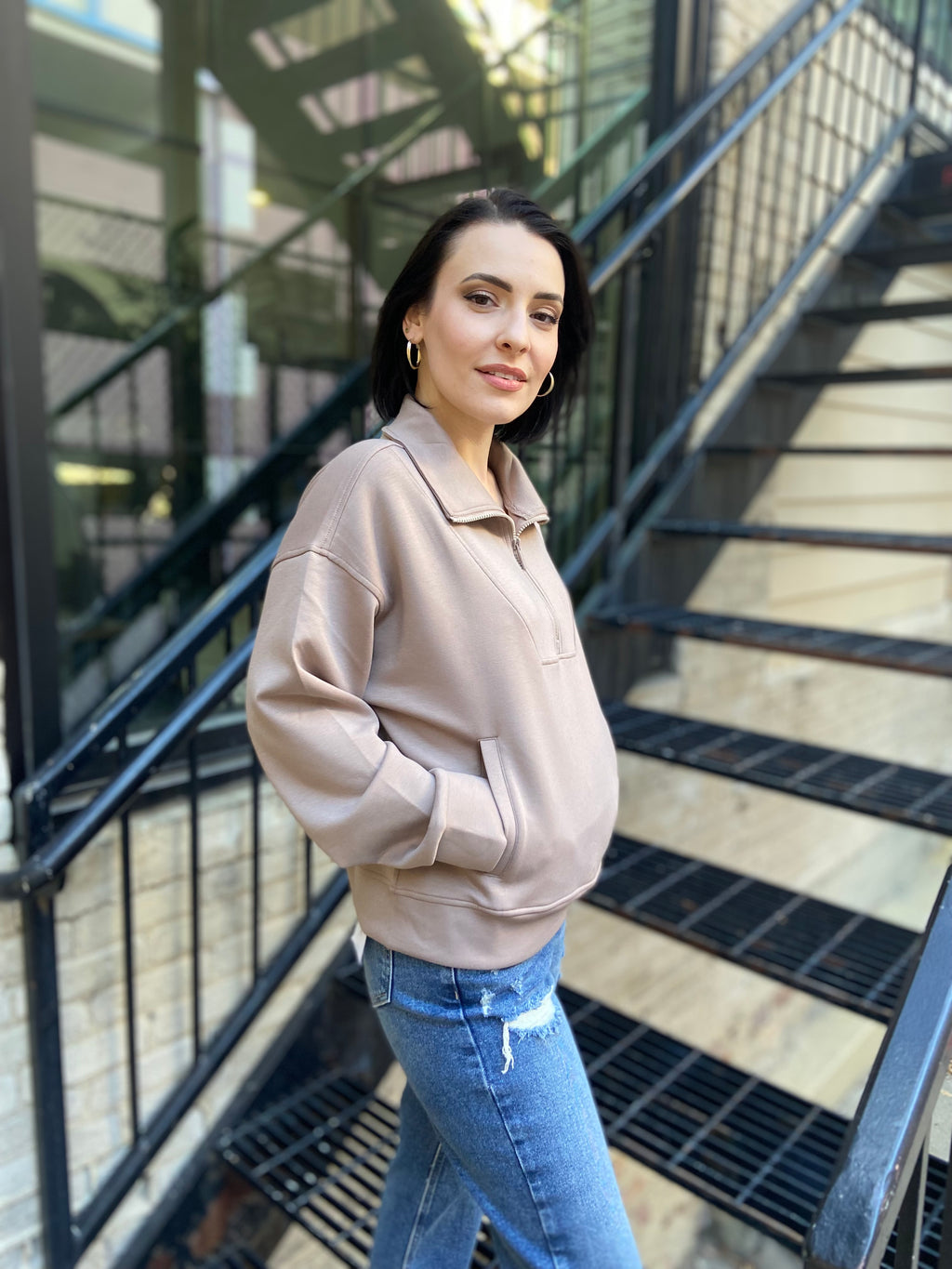 Nicolette Ash Mocha Scuba Half Zip Sweater