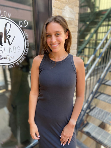Julie Charcoal Ribbed Side Slit Midi Dress