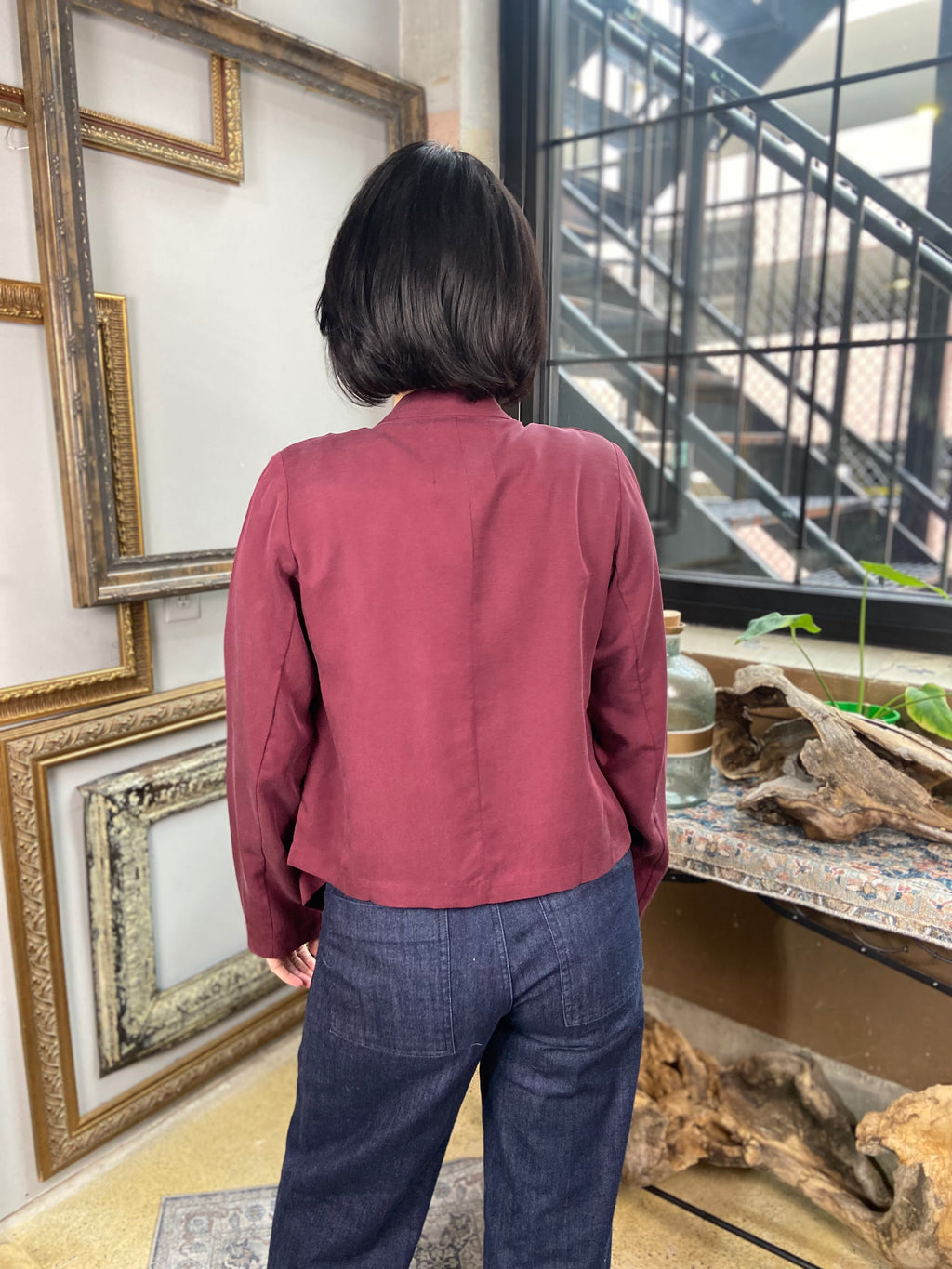 Octavia Burgundy Crop Drape Open Jacket