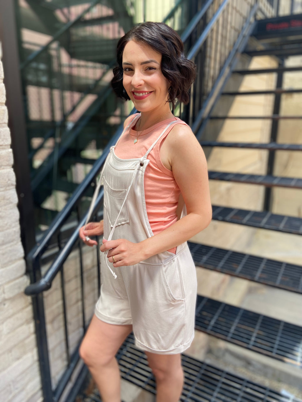 Kate Sand Beige Short Tie Romper