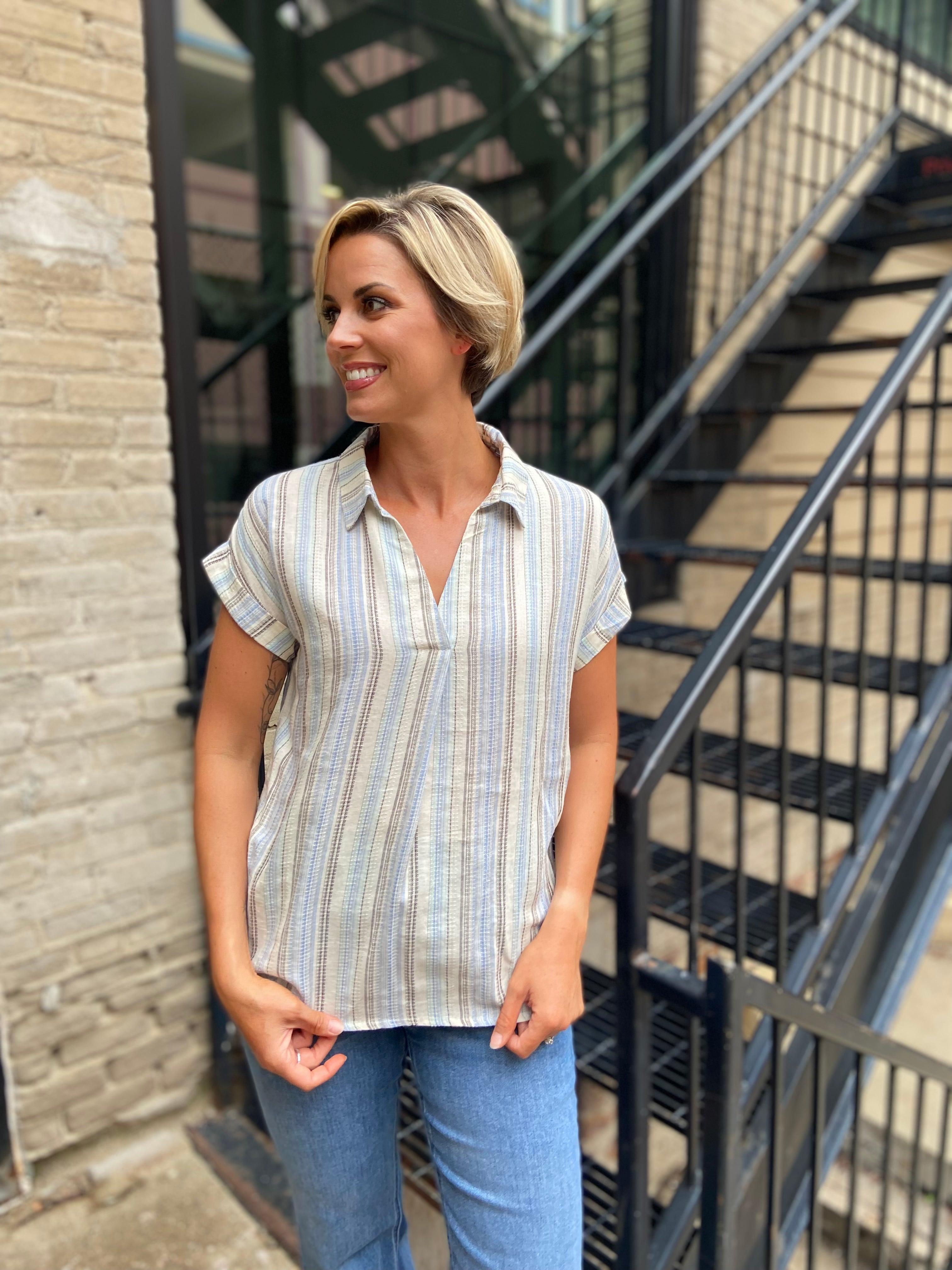Rico Blue Stripe V-Neck Top