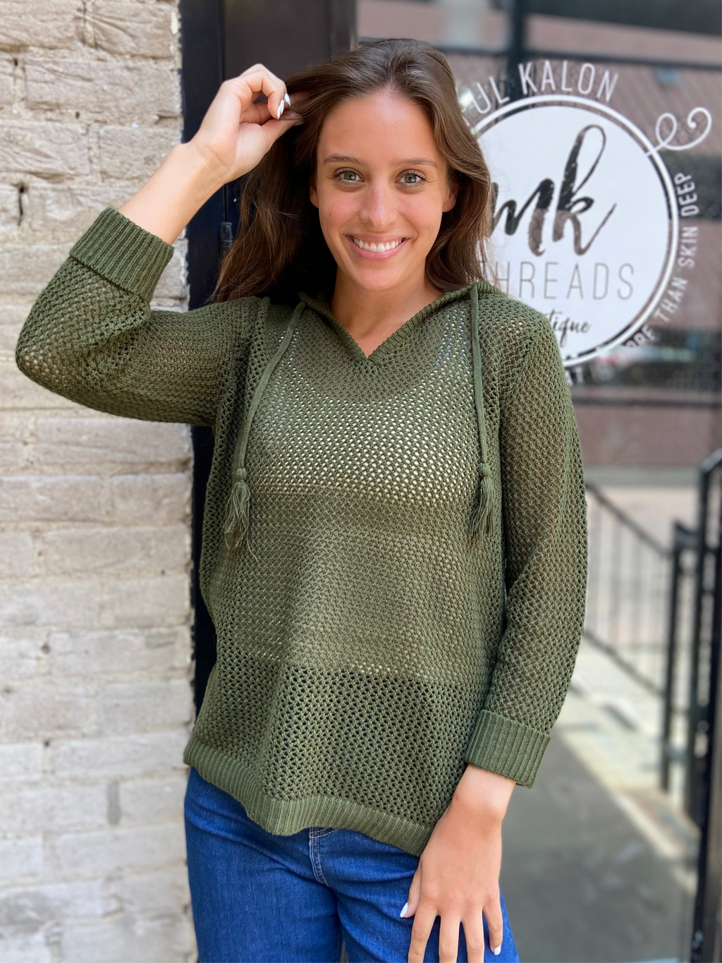 Bianca Olive Crochet Hoodie Sweater Top