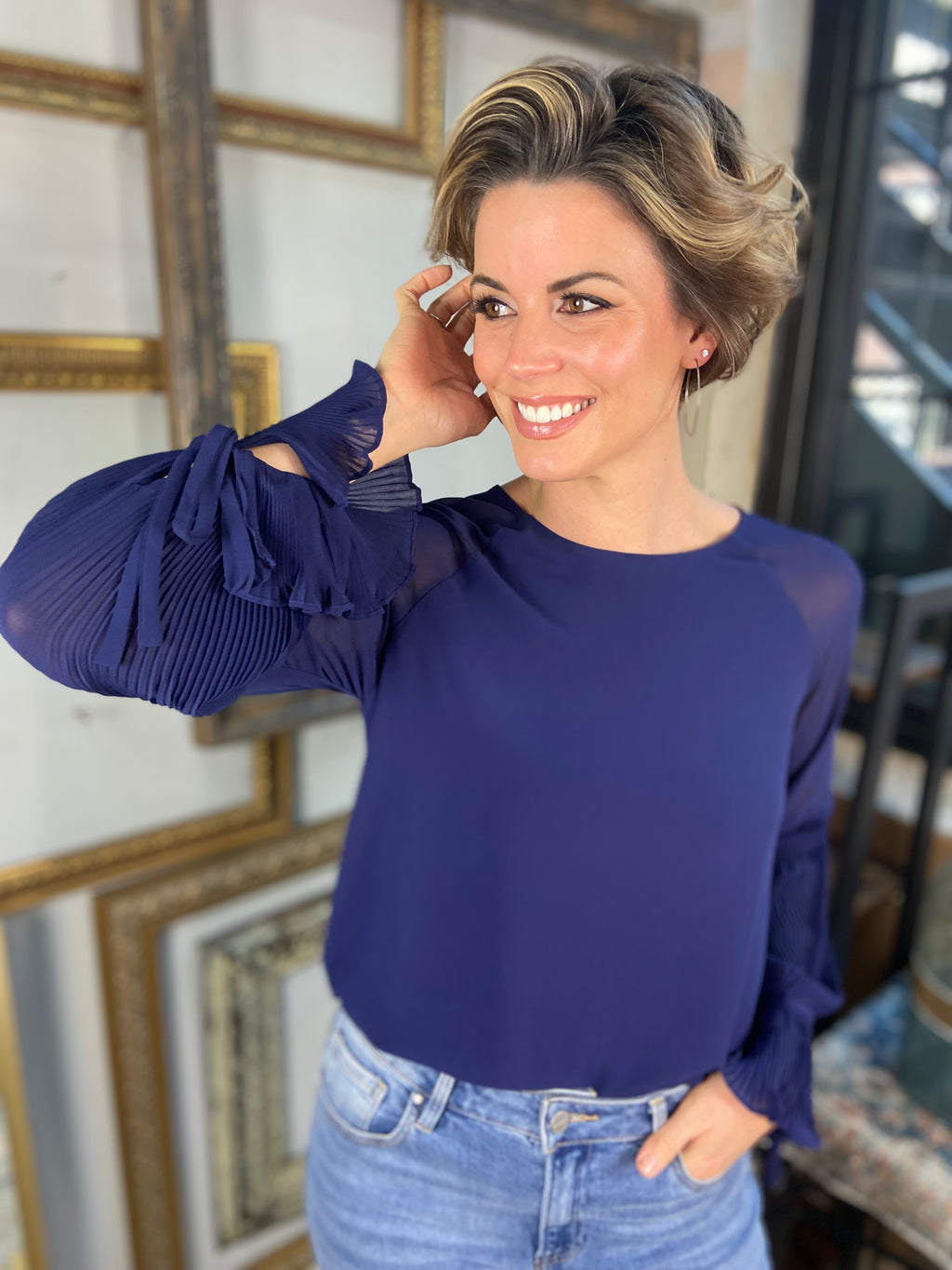 Olivia Navy Pleated Bell Sleeve Long Sleeve Blouse - MK Threads Boutique