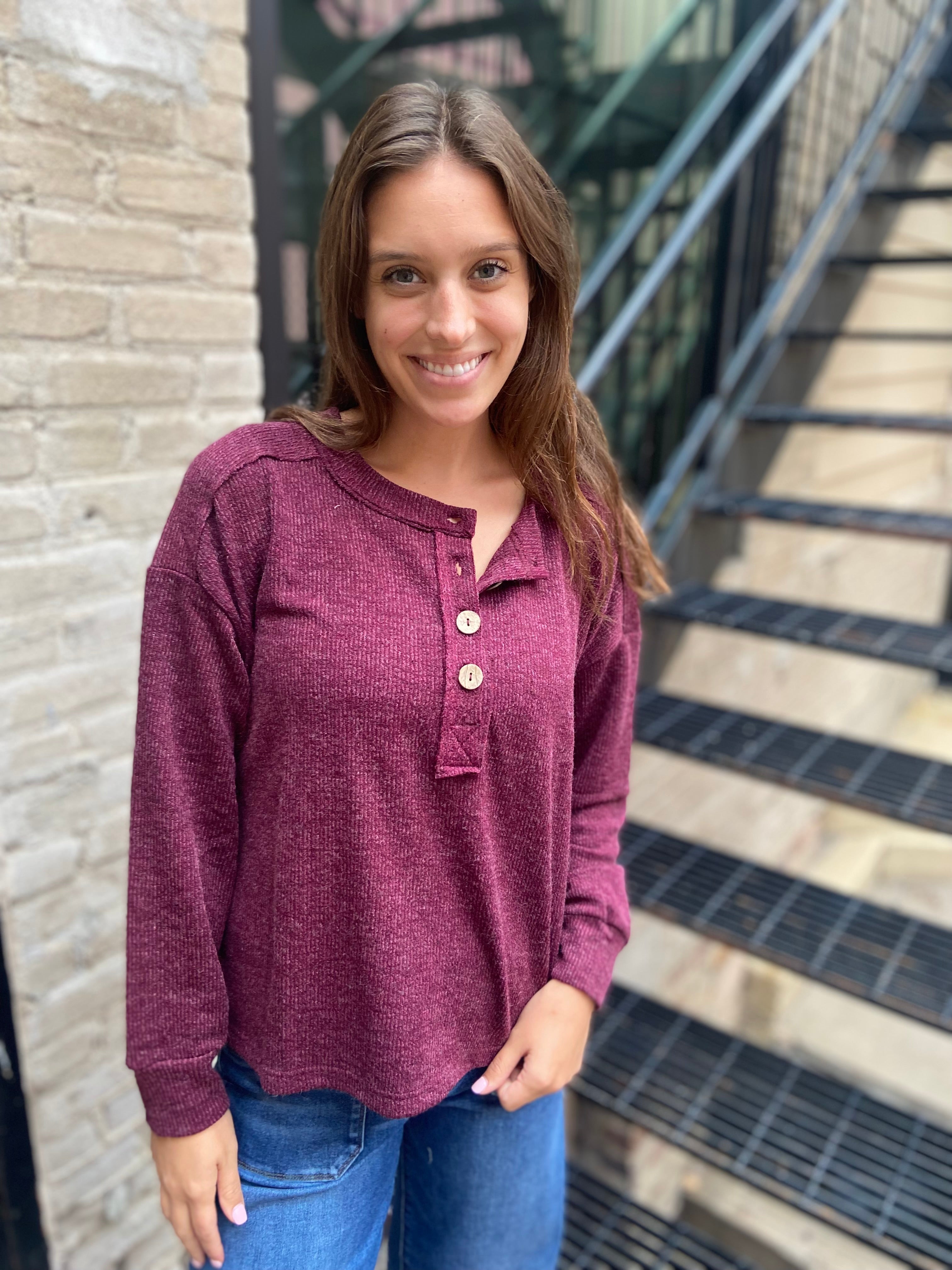 Kit Burgundy Ribbed Henley Long Sleeve Top