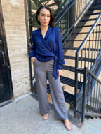 Brooke Navy Tie Long Balloon Sleeve Blouse