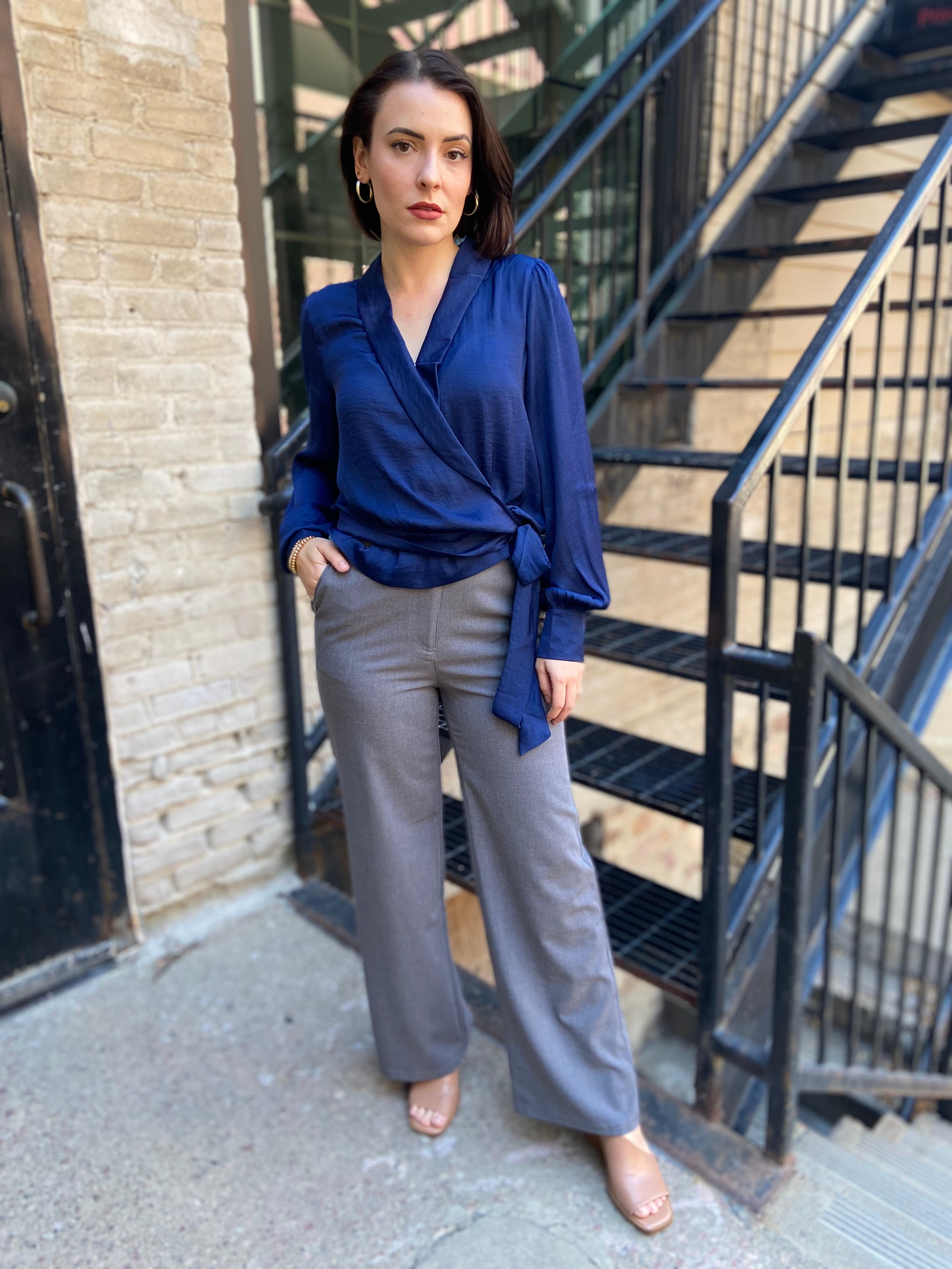 Brooke Navy Tie Long Balloon Sleeve Blouse