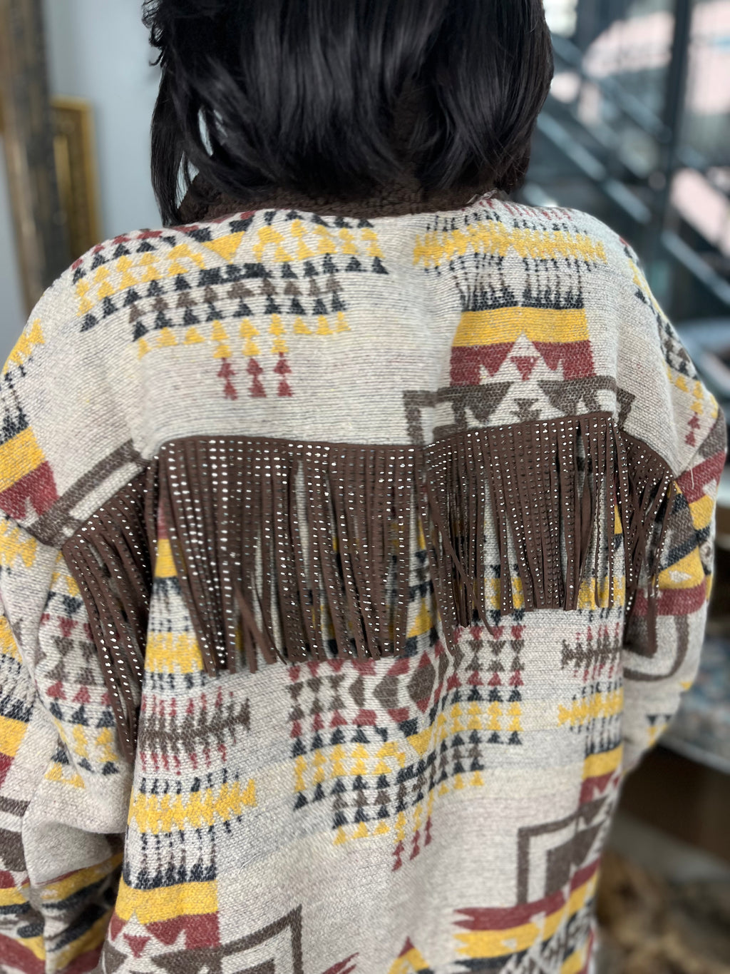 Zeze Taupe Aztec Fringe Shacket