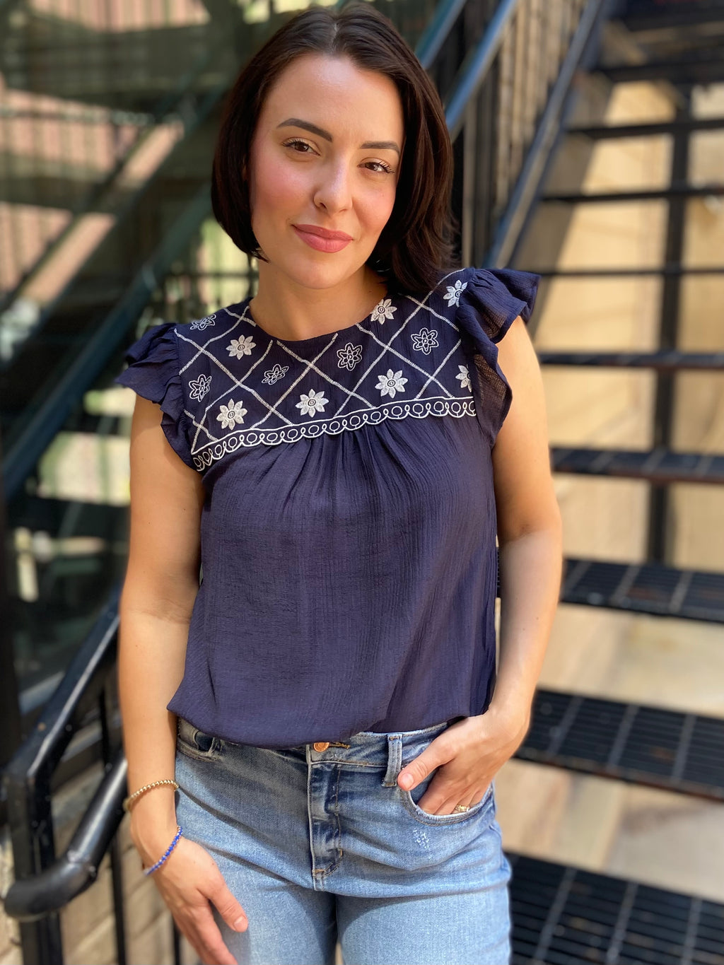 Vireo Navy Floral Embroidered Detail Top