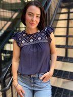 Vireo Navy Floral Embroidered Detail Top