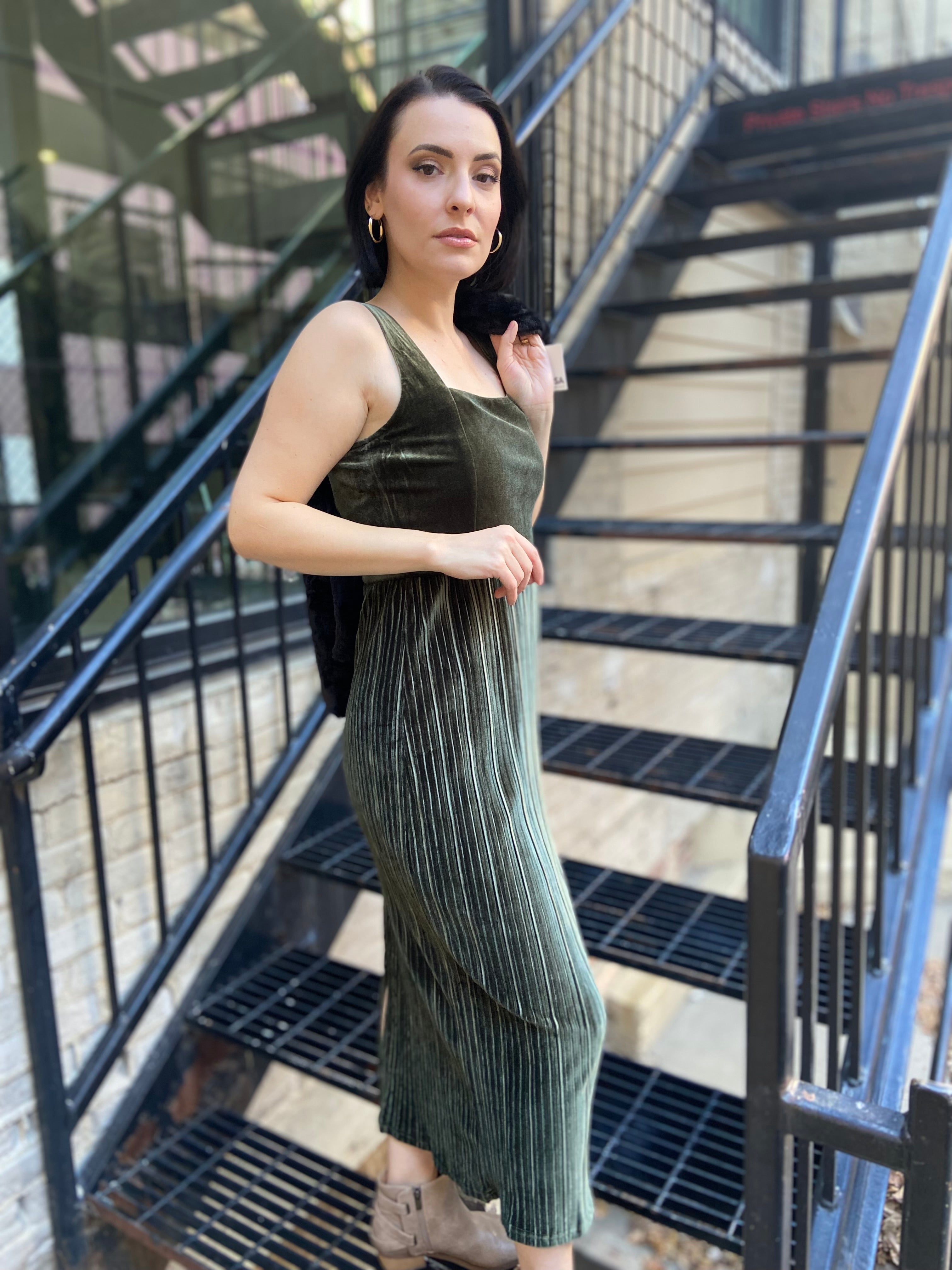 Tiana Olive Velvet Pleated Maxi Dress