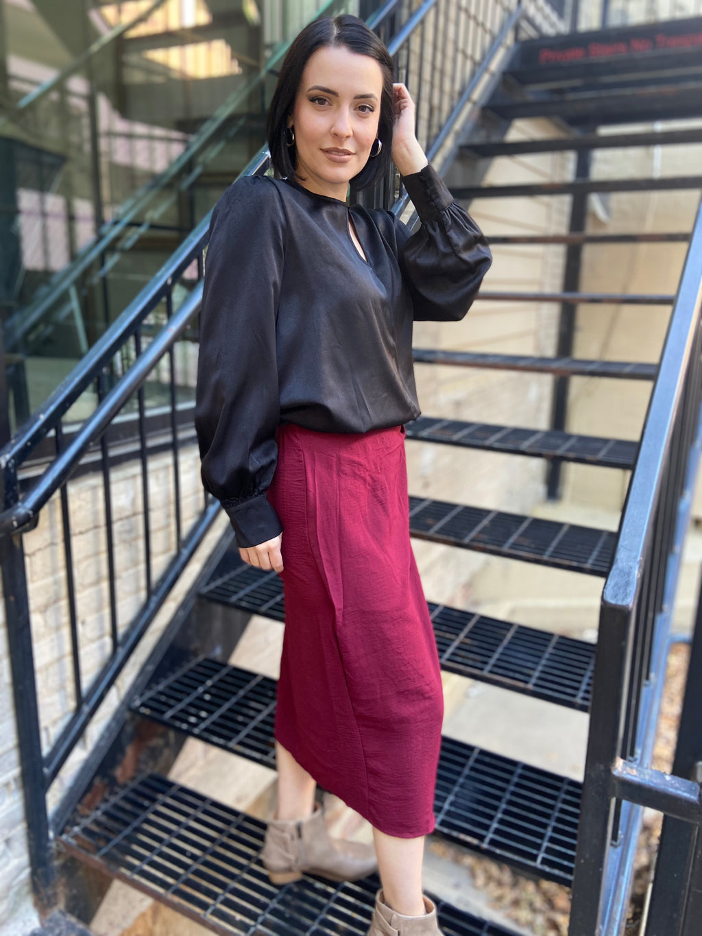 Elijah Burgundy Tie Waist Midi Skirt