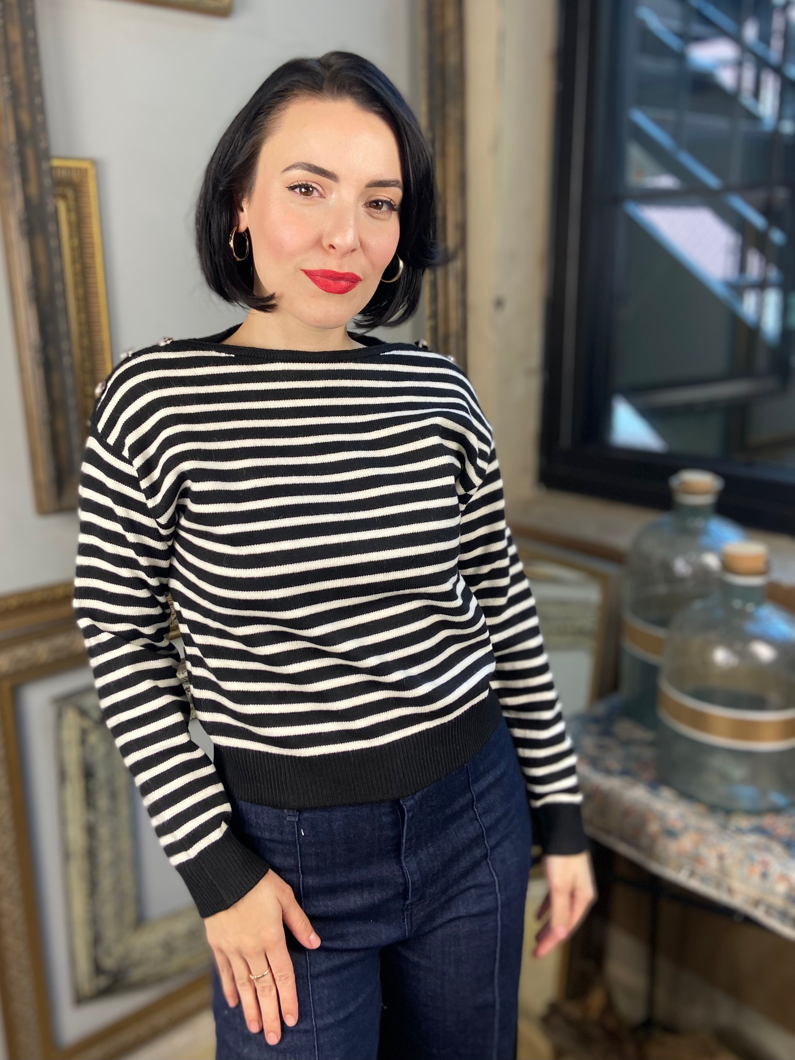 Alix Black & Cream Button Shoulder Striped Long Sleeve