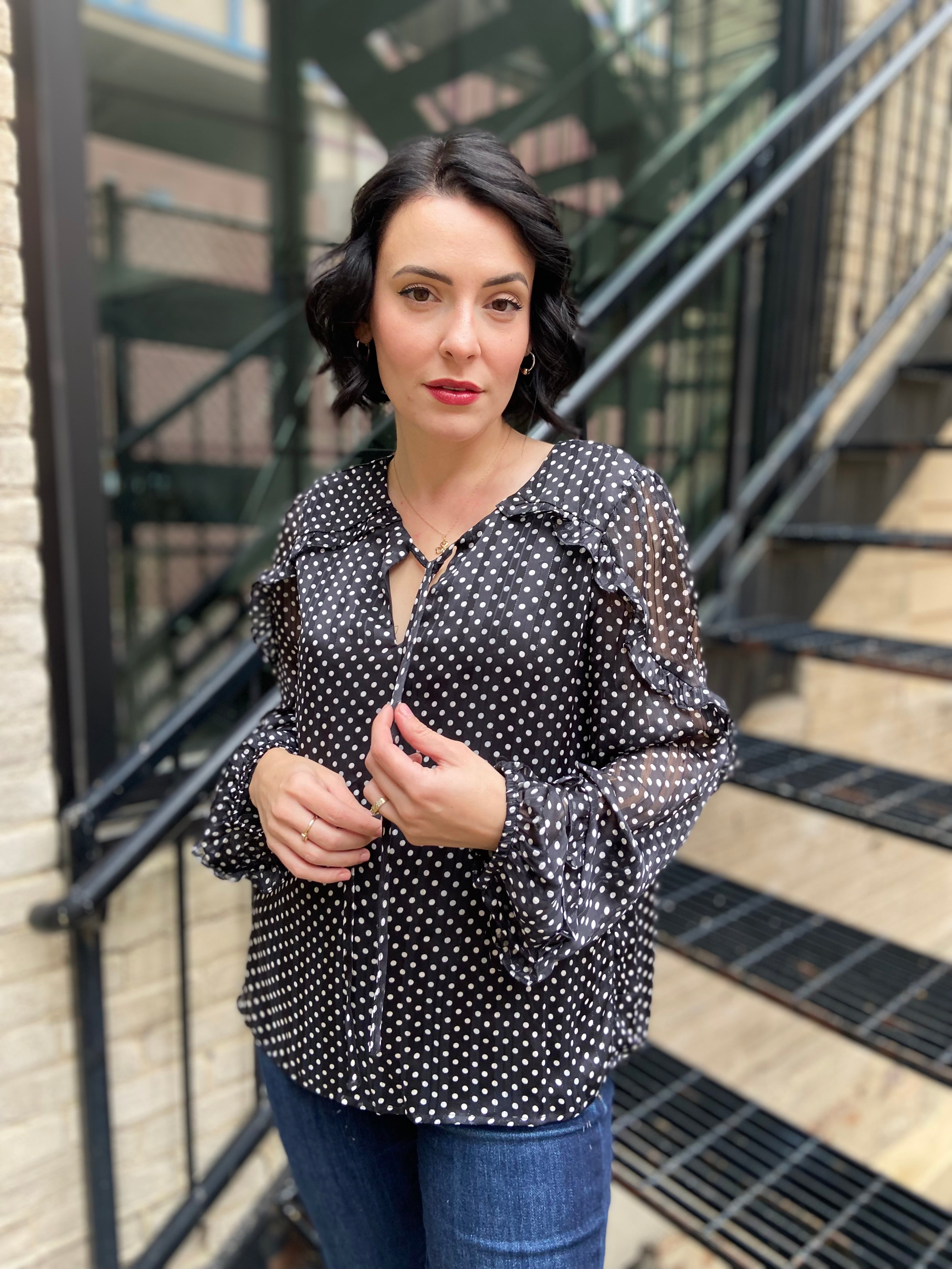 Erika Black & White Polka Dot Long Sleeve Blouse