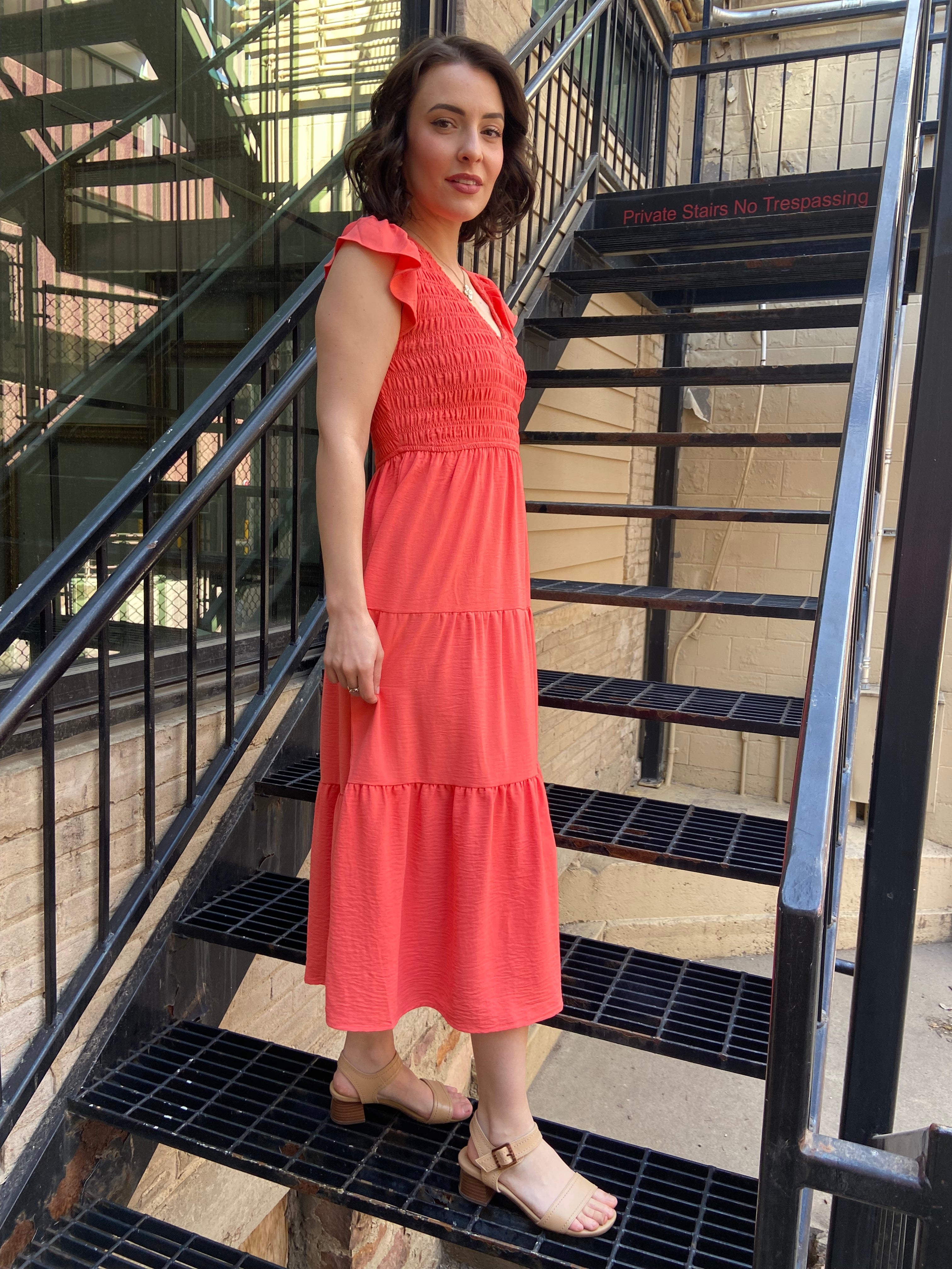 Arianna Coral Flutter Sleeve Maxi Dress