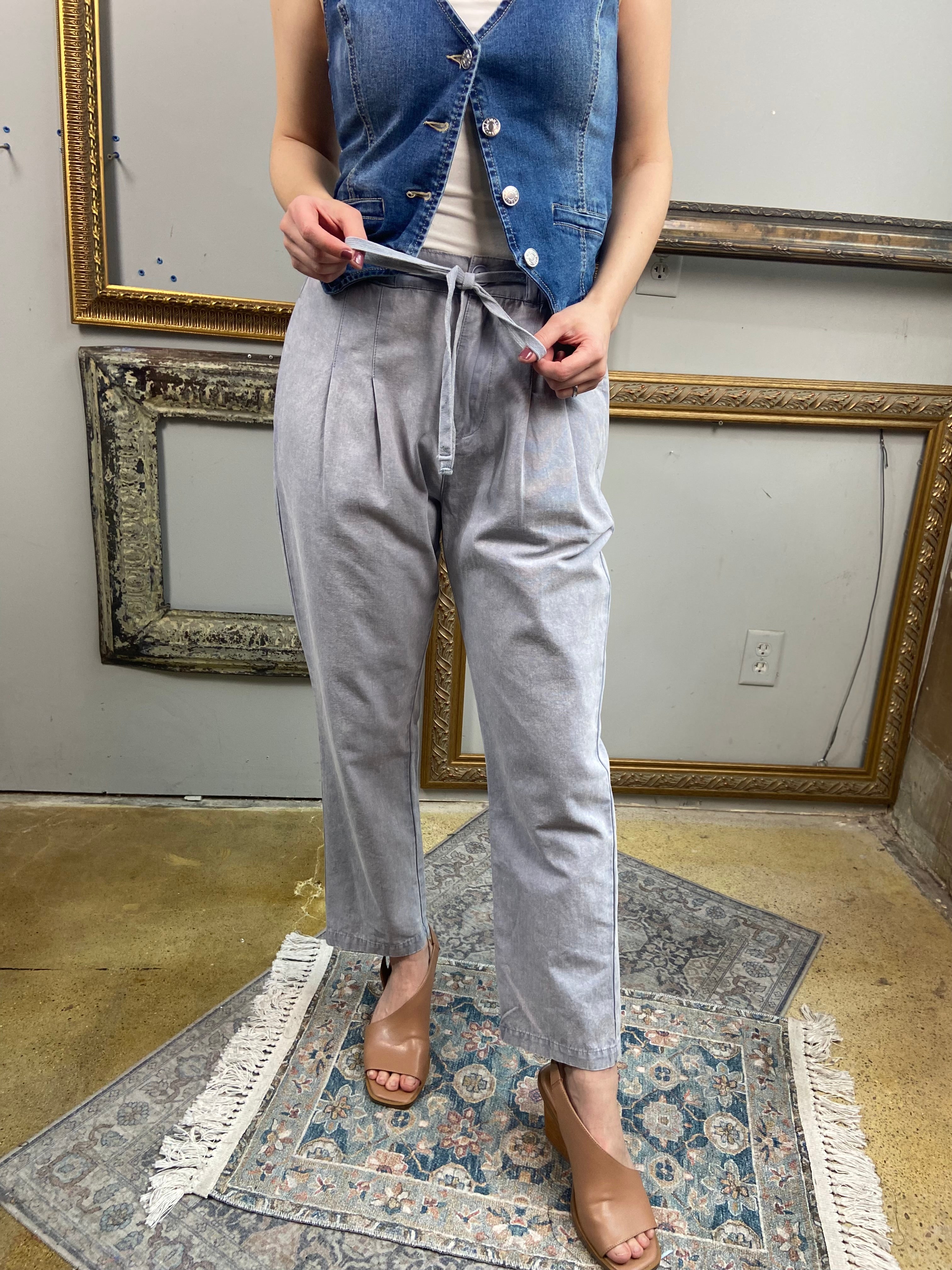 Leo Denim Blue Straight Leg Tie Waist Pants - MK Threads Boutique