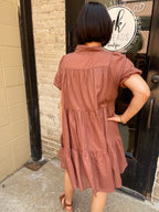 Lyra Brown Short Button Up Tiered Dress