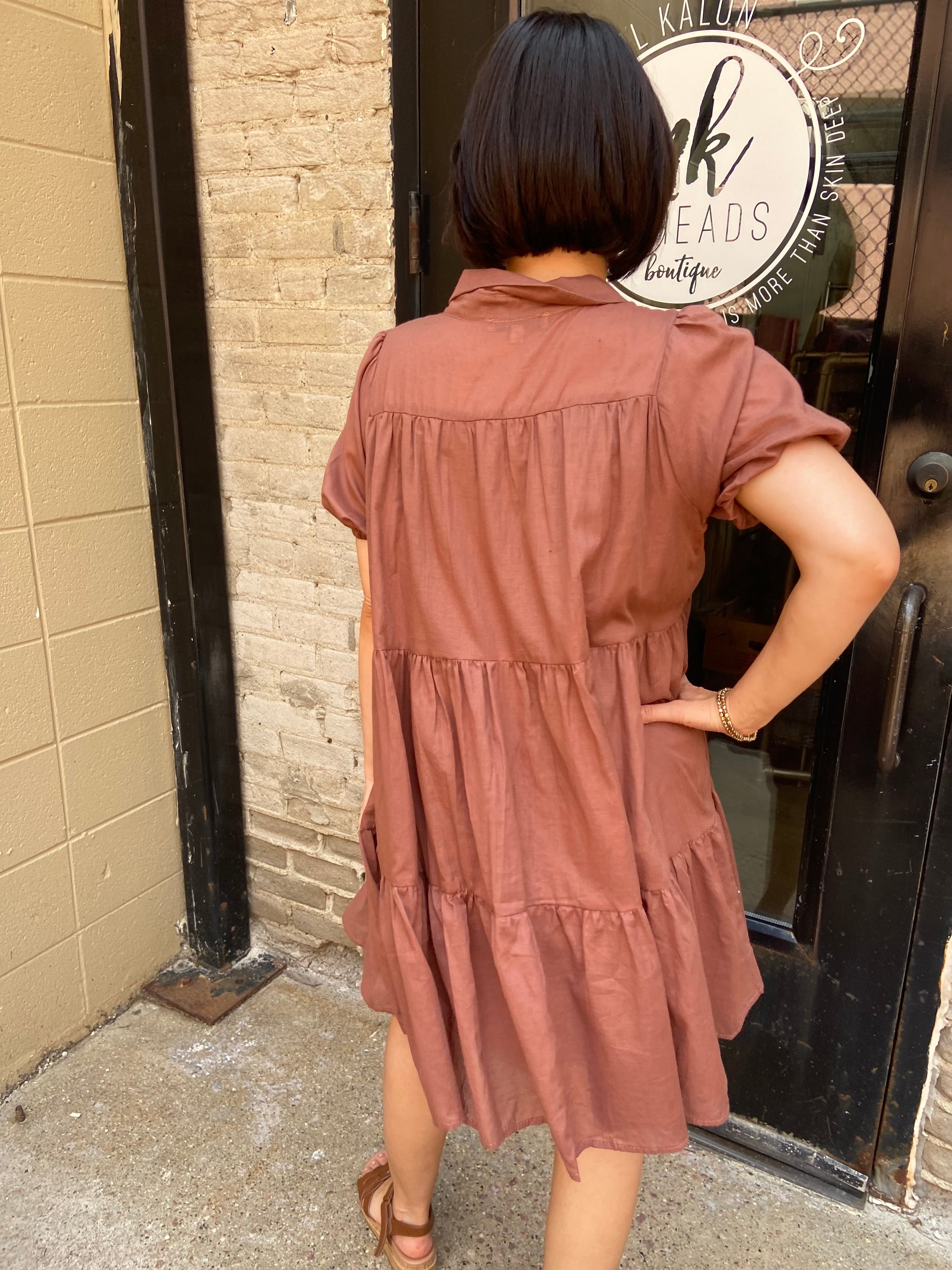 Lyra Brown Short Button Up Tiered Dress