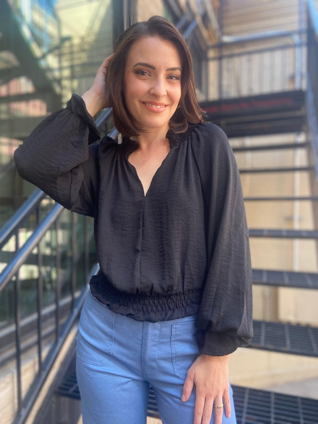 Nora Black Smocked Long Sleeve Blouse - MK Threads Boutique