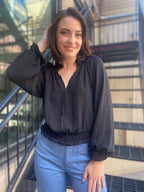 Nora Black Smocked Long Sleeve Blouse - MK Threads Boutique