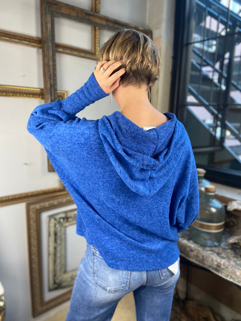 Taylor Light Navy Hacci Balloon Sleeve Hoodie