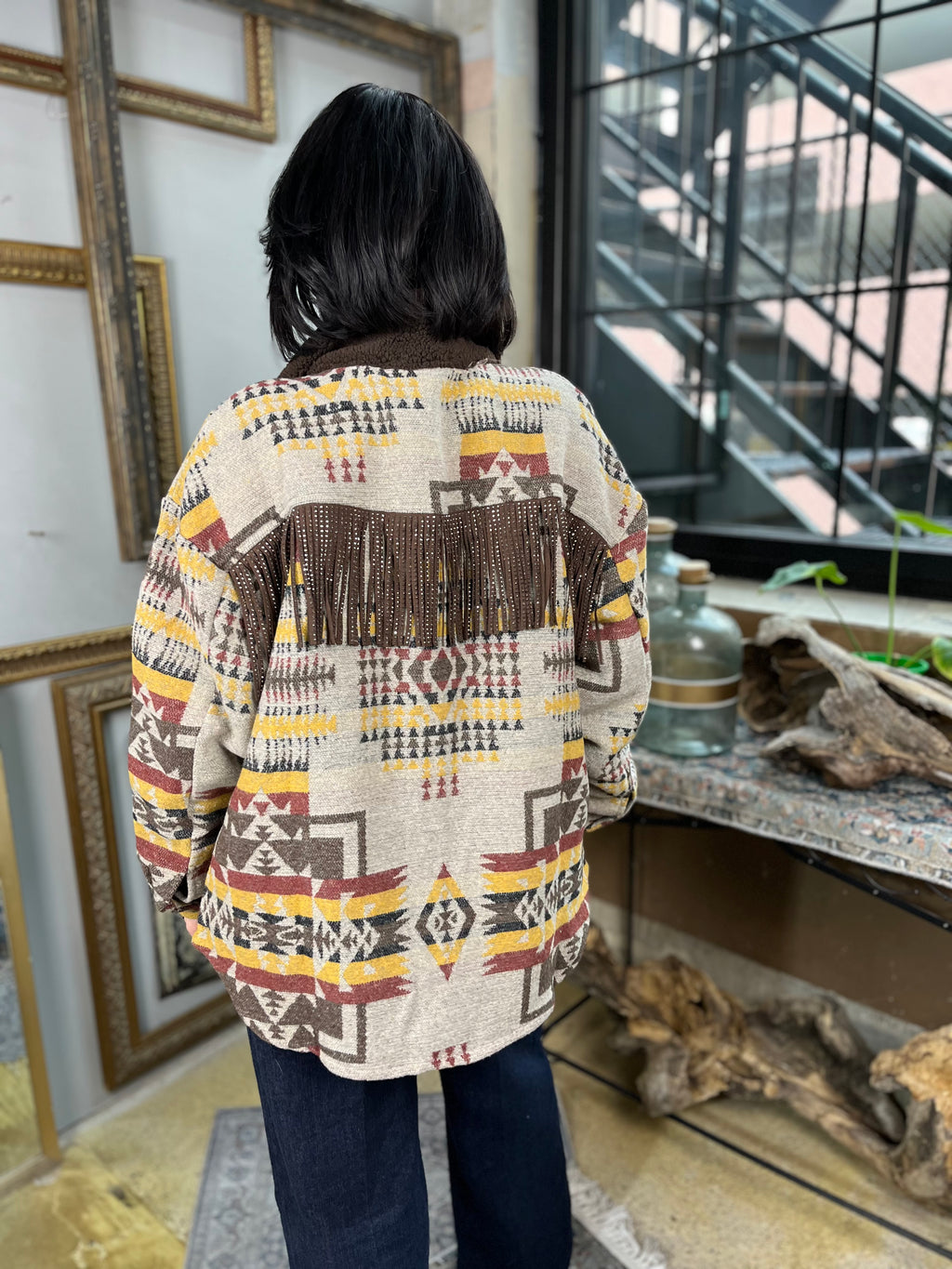 Zeze Taupe Aztec Fringe Shacket