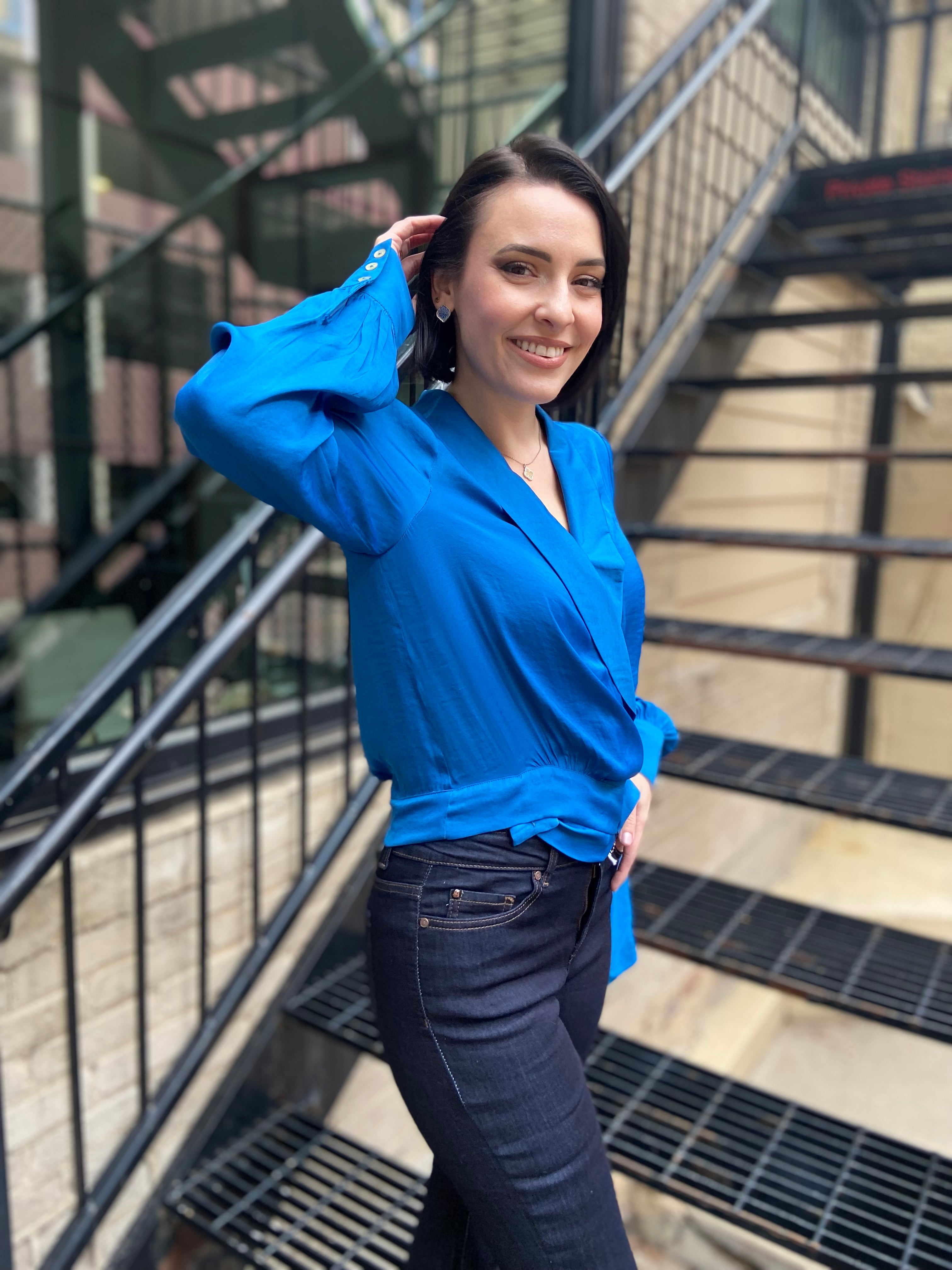 Brooke Blue Tie Long Balloon Sleeve Blouse