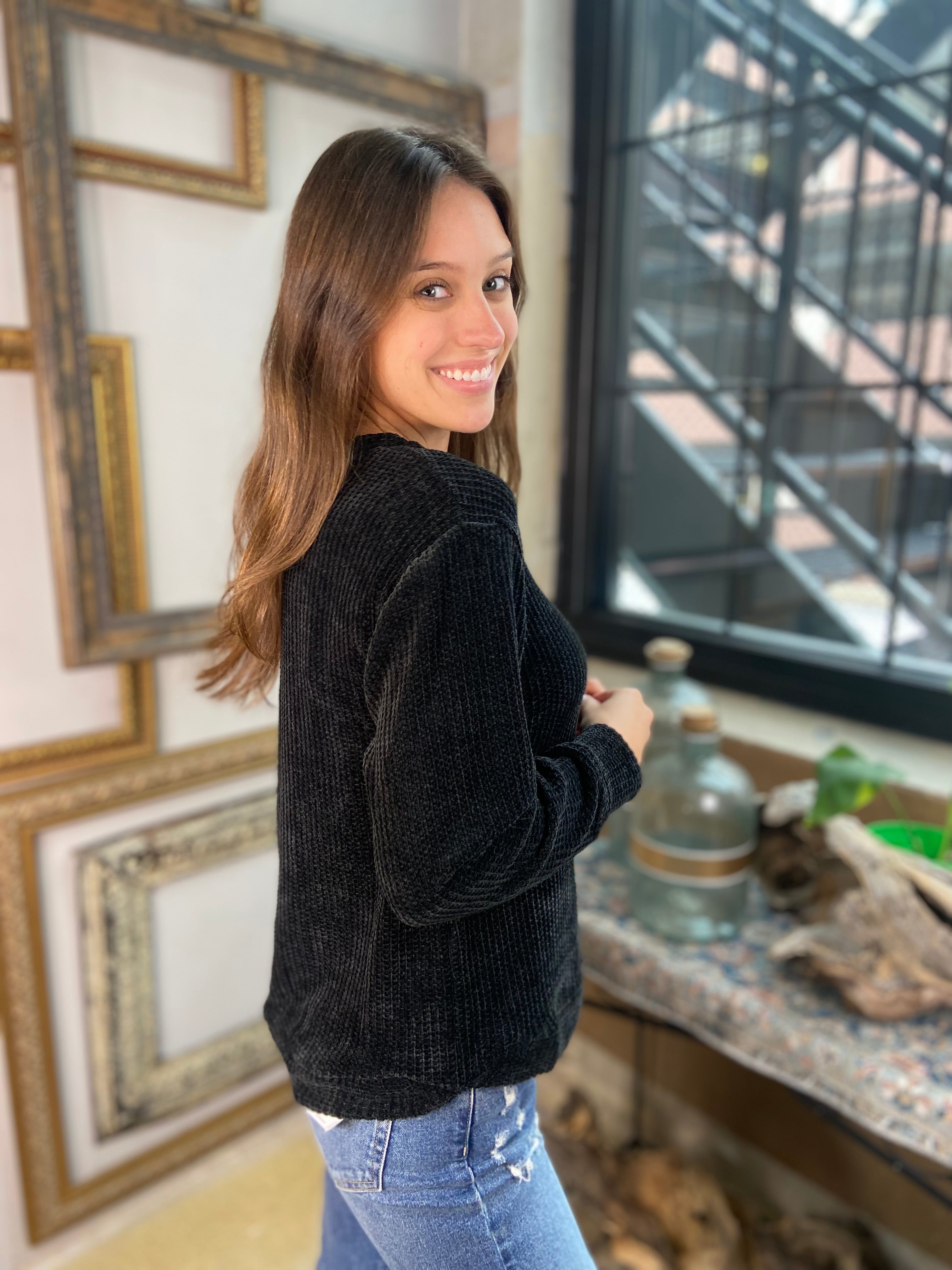 Kayla Black Chenille Waffle Round Neck Sweater