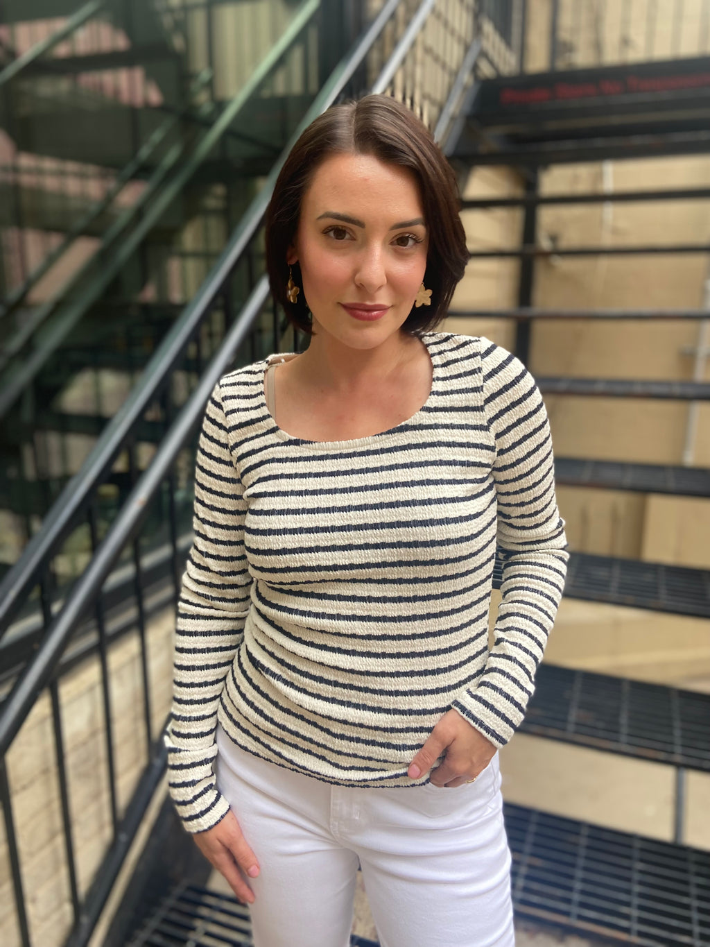 Eleanora Cream & Black Scoop Neck Long Sleeve Top