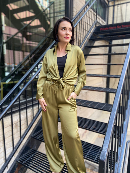 Orion Olive Satin Button Up Top