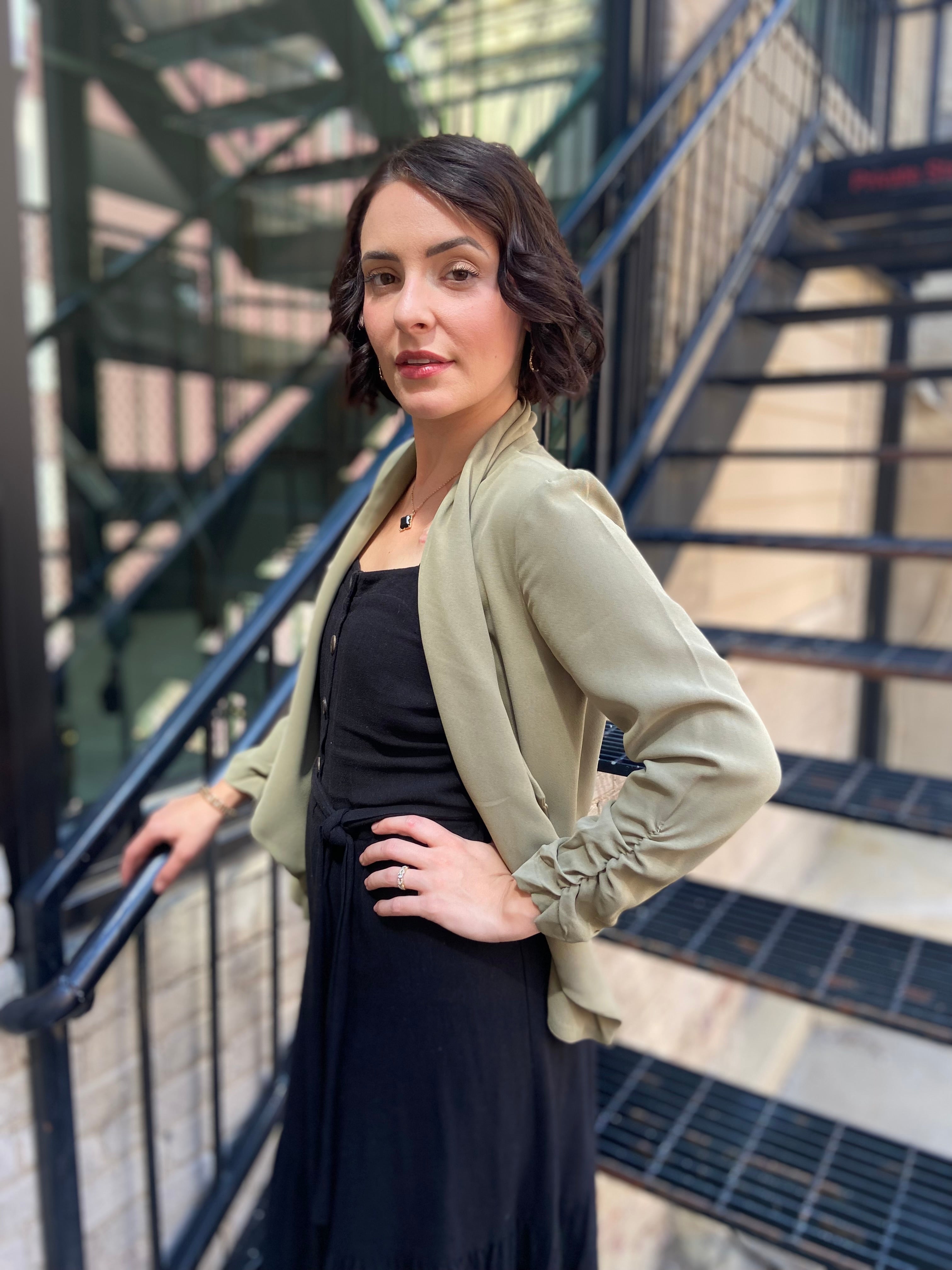 Sadi Olive Half Sleeve Open Cropped Blazer